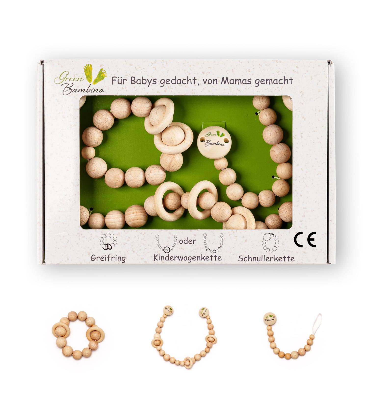 Eco-Friendly Baby Gift Set | Sustainable Wooden Toys Pacifier Chain & Rattles for Boys & Girls | Neutral Baby Equipment by Green Bambino - Buy Online on GoSupps.com