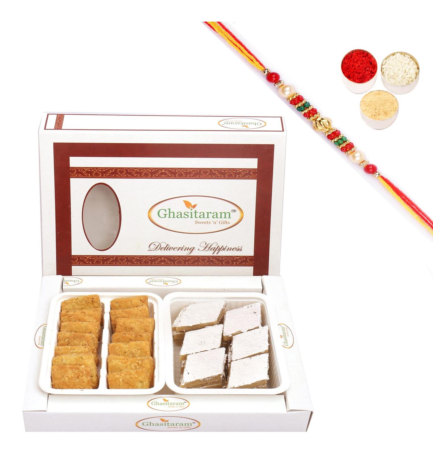 Ghasitaram Gifts Rakhi Gifts for Brothers Rakhi Sweets - Diwali Hampers-Kaju Katli and Methi Mathri Hamper with Pearl Beads Rakhi - Buy Online on GoSupps.com