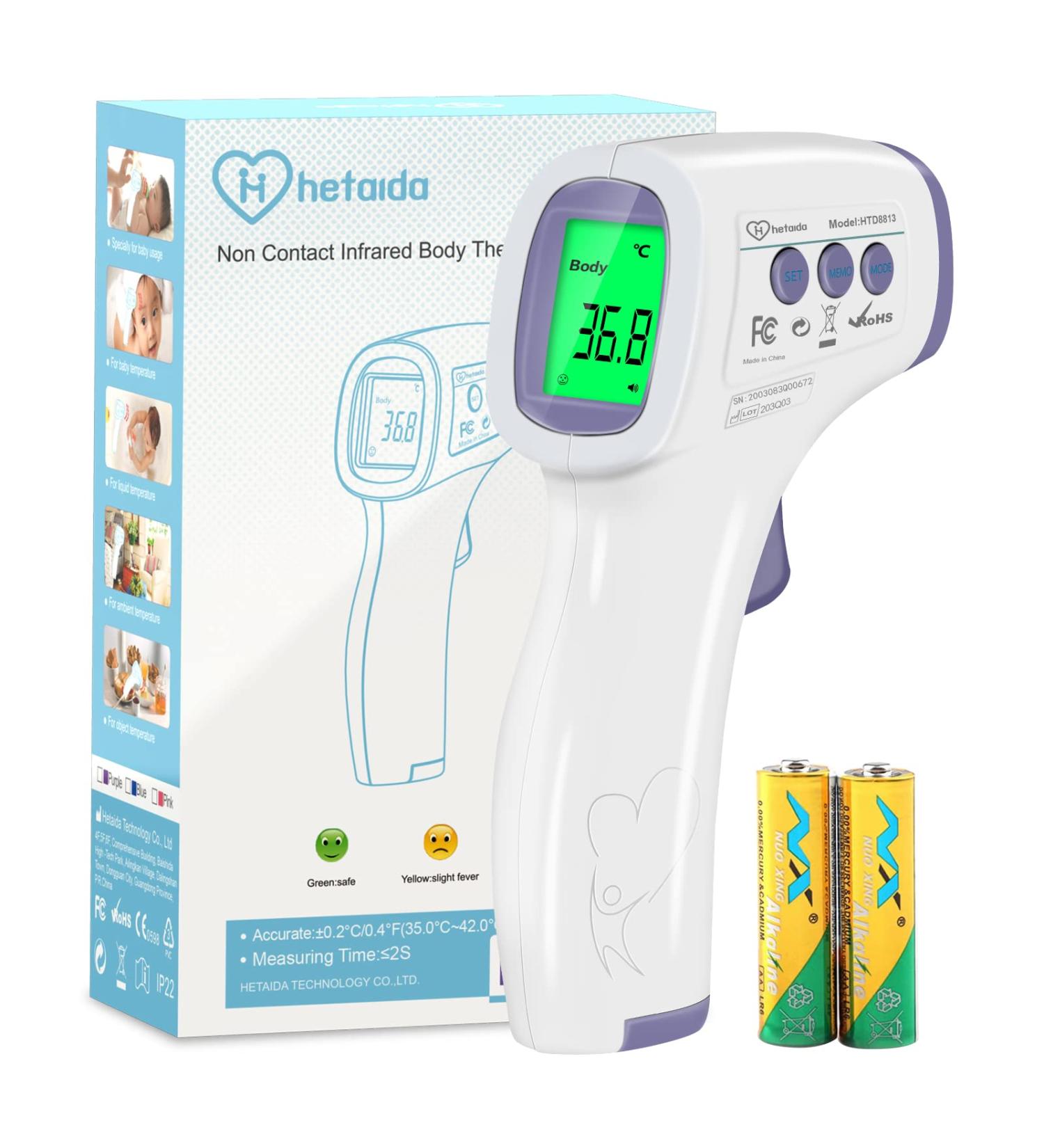 Buy Contactless Infrared Thermometer for Baby Adult & Children - Precise Fever Readings Alarm & 50 Memory Function - Digital LCD Display - White & Purple - Buy Online on GoSupps.com