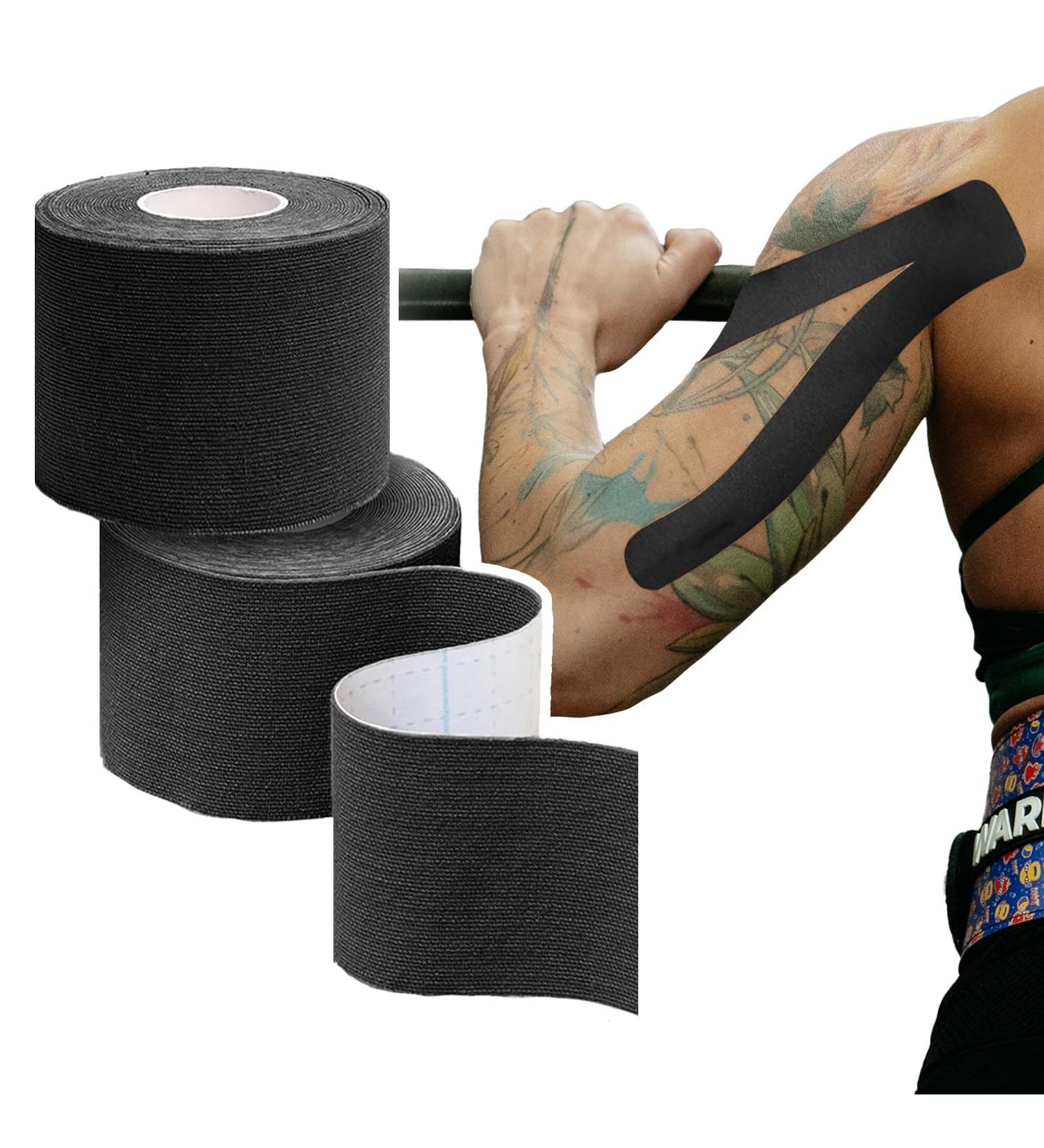 Kinesiology Tape 2in 16.4ft - Cotton Elastic Athletic Tape for Support and Recovery Sports Tape Therapeutic Pain Relief - Breathable Latex Free Joint Support (Black)