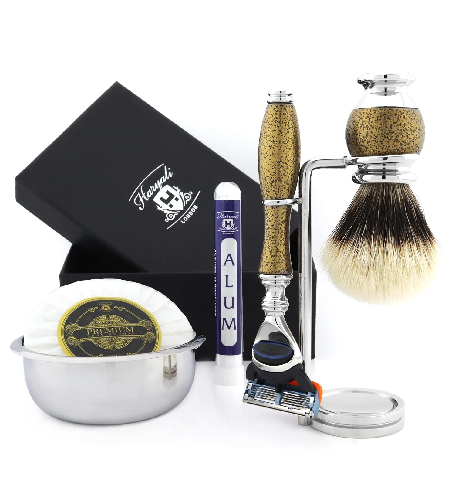 Haryali London 6-Piece Men's Shaving Set | 5 Razor Blades Silver Tip Brush Stand Soap & Bowl | Perfect Grooming Gift for Men - Buy Online on GoSupps.com