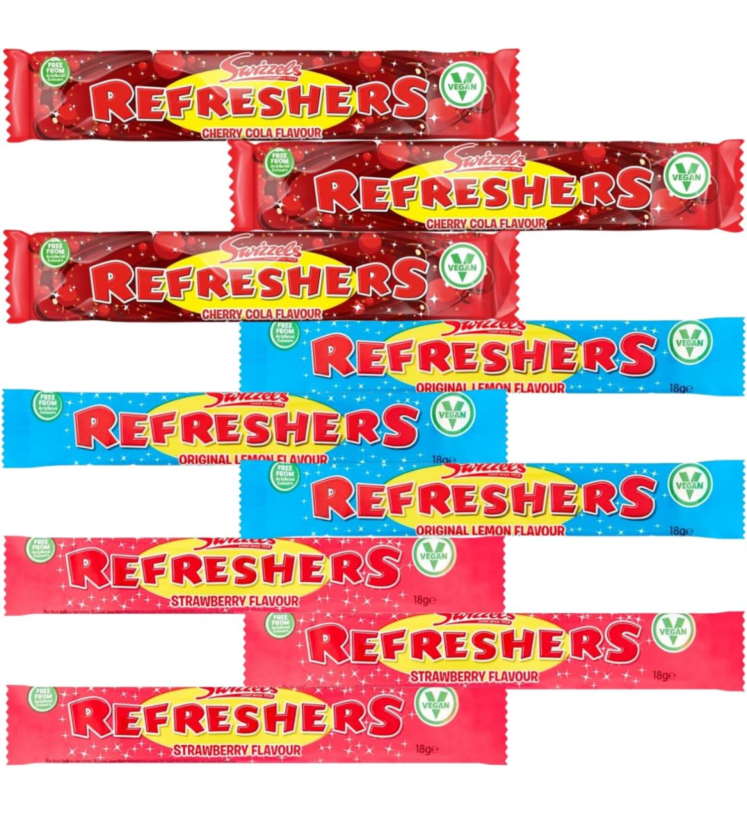 Chew Bars Bundle With Swizzels Refreshers Original Lemon Flavour 18g x3 Swizzels Refreshers Strawberry Flavour 18g x3 & Swizzels Refreshers Cherry Cola Flavour 18g x3 (9 Pack) - Buy Online on GoSupps.com