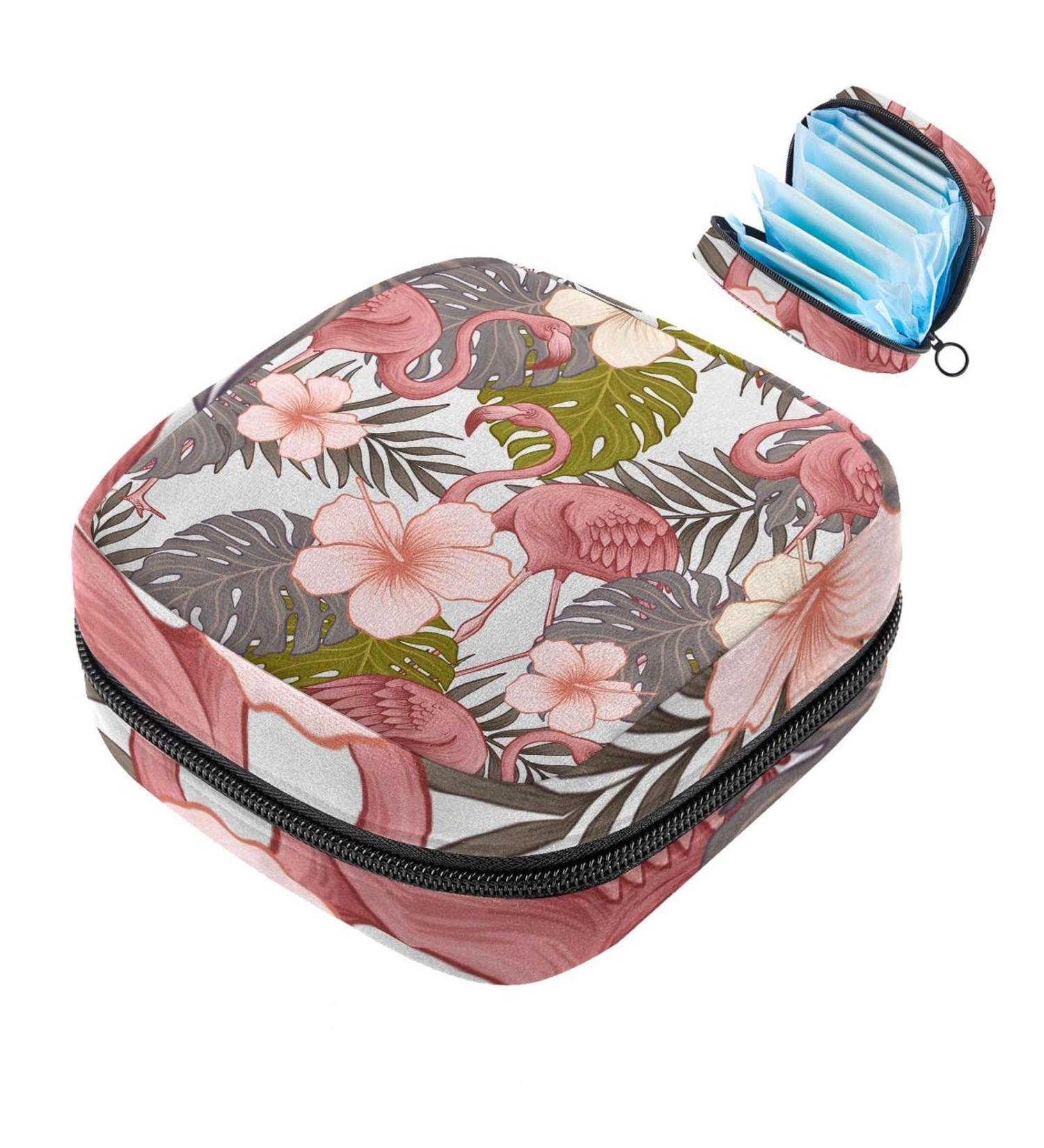 Shop Tropical Women's Tampon Storage Bag | Flamingo & Palm Leaf Design Multi-Pockets for Easy Organization - Buy Online on GoSupps.com