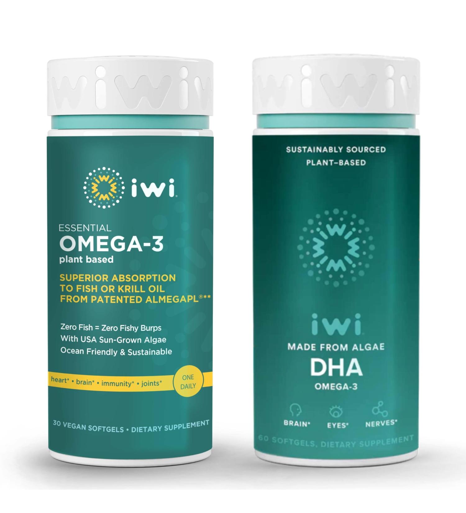Iwi Omega-3 Essential & DHA Omega-3 Bundle 30 Servings Vegan Plant-Based Algae Omega 3 Krill & Fish Oil Alternative No Fishy Aftertaste - Buy Online on GoSupps.com