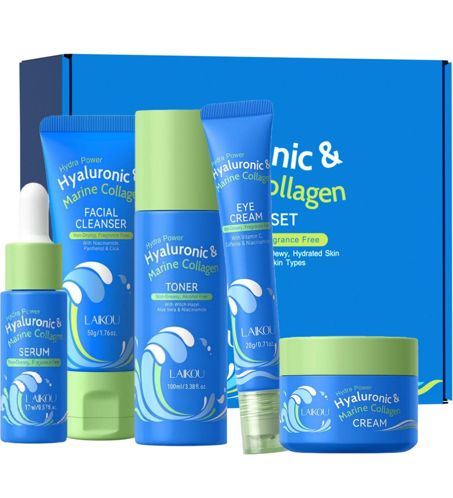 Hyaluronic Acid Collagen Daily Skincare Kit - 5 Step Regimen Routine Beauty Skin Care for Teens- Gift Set with Hyaluronic Serum Cleanser Toner Eye Cream Cream Facial Glow Up Set Travel Set - Buy Online on GoSupps.com