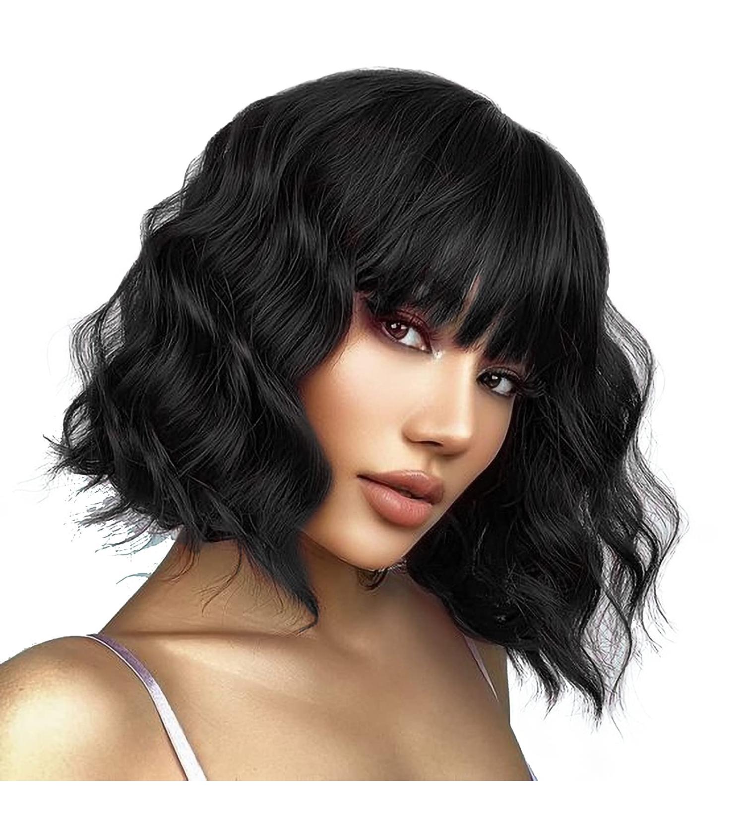OUFEI Black Curly Wig with Bangs - 13 Inches | Heat Resistant Synthetic Hair for Women - Perfect for Daily Wear, Parties, and Cosplay - Buy Online on GoSupps.com
