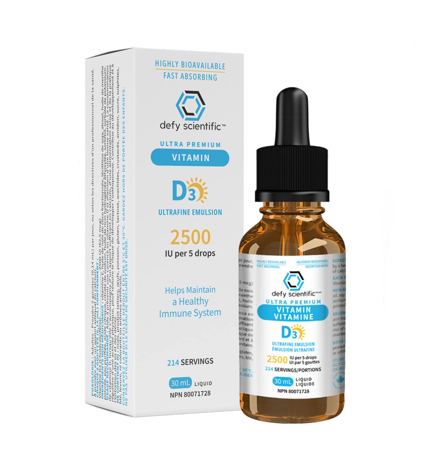 Defy Scientific Ultrafine Emulsion Vitamin D3 2500 IU Liquid (30 mL) Ultra Premium - For Maintenance of Healthy Immune System Bones and Teeth - Gluten and Dairy Free - Buy Online on GoSupps.com