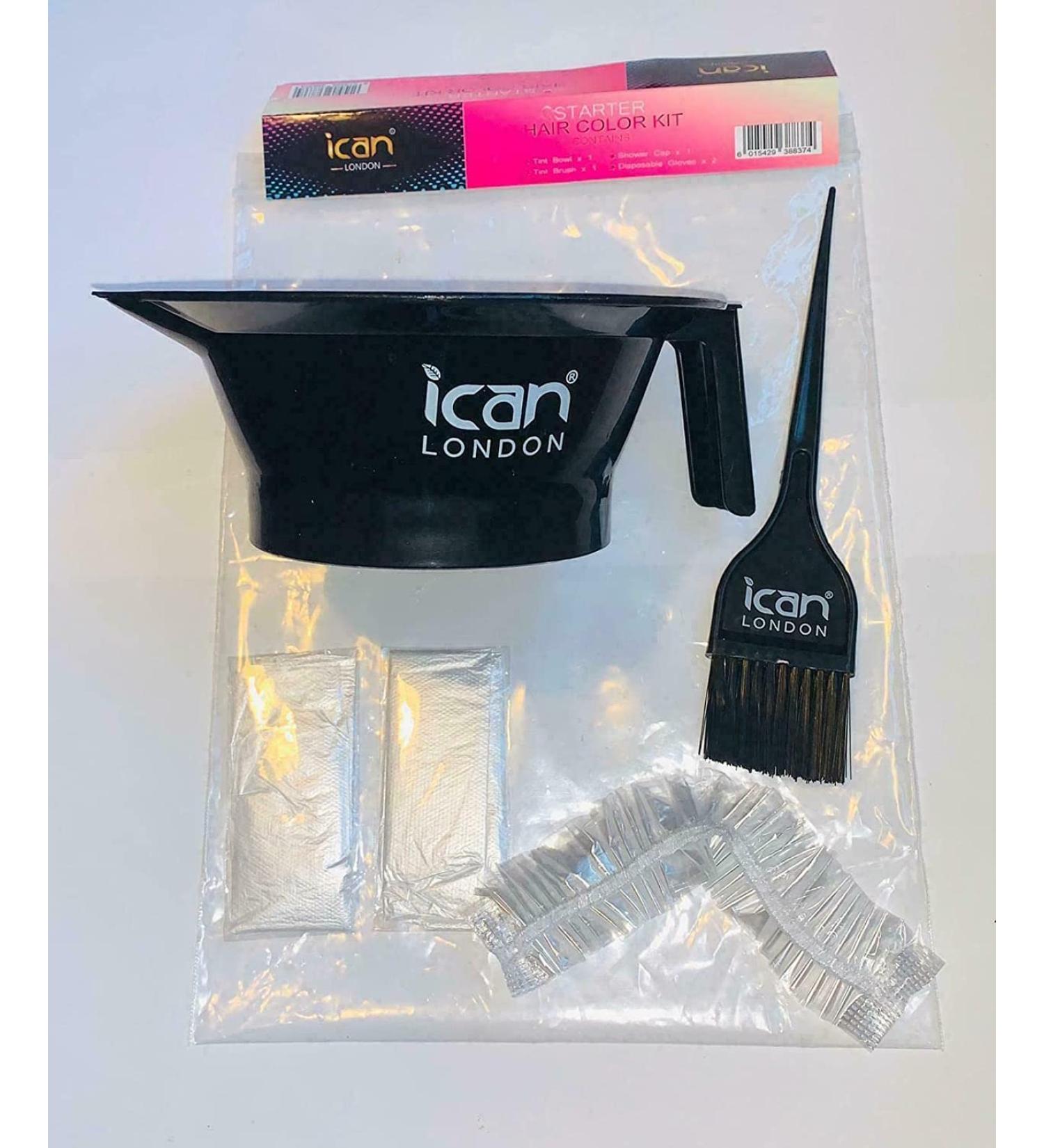 ICAN LONDON HAIR DYE COLORING 4 PIECES KIT BOWL+BRUSH+GLOVE+SHOWER CAP