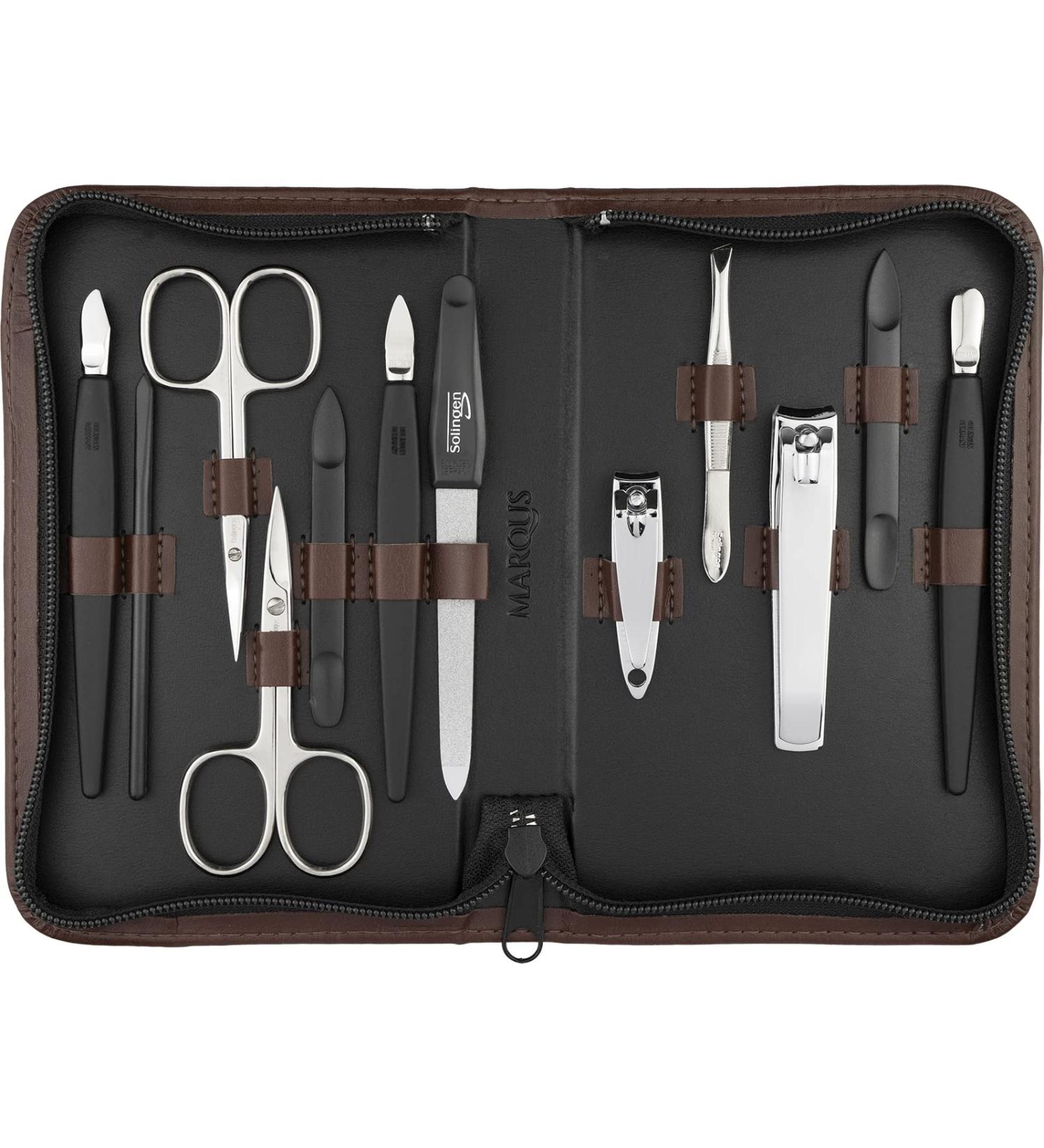Solingen Manik r Set 12 - Premium Nail Care Set for Men & Women | Complete Manicure & Pedicure Kit in High-Quality Brown Synthetic Leather Etui - Perfect for Home & Travel - Buy Online on GoSupps.com