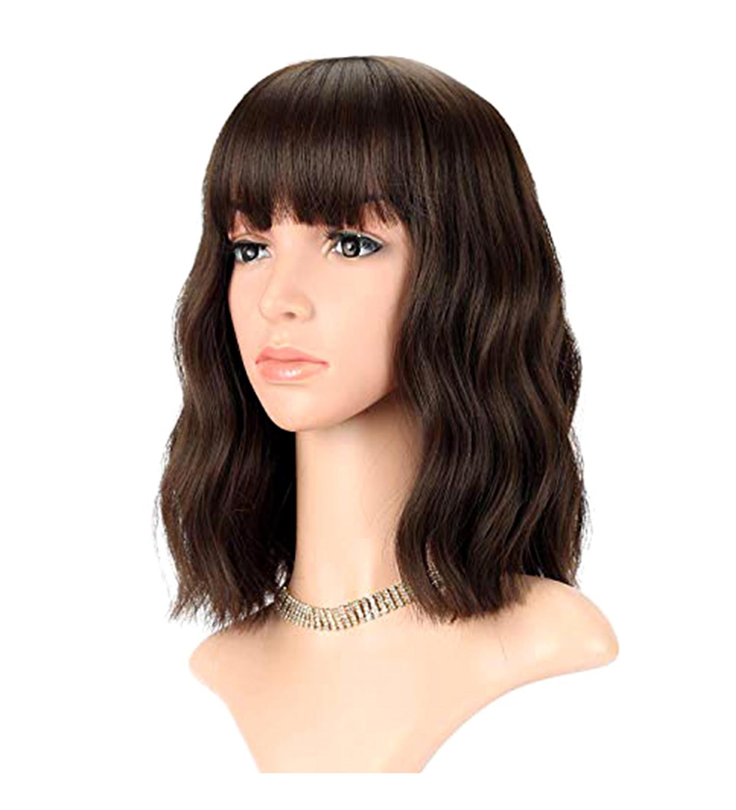 FAELBATY Short Bob Brown Wig with Air Bangs for Women - Curly Wavy Synthetic Cosplay Costume Wig in Natural Black/Dark Brown - 12 Inch - Buy Online on GoSupps.com
