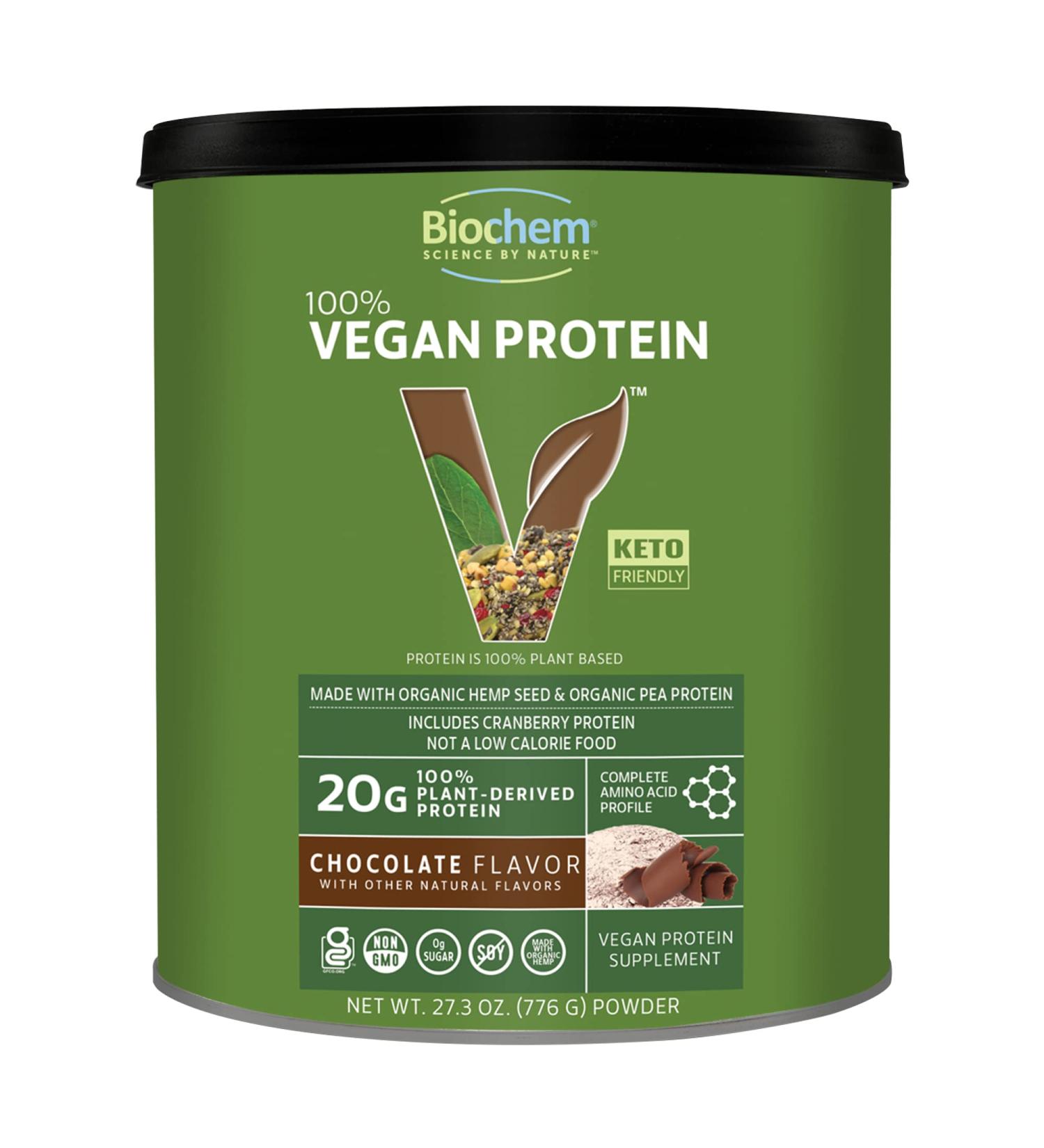 Biochem 100% Plant Protein Chocolate 27.3 Oz - 20g Vegan Protein - Complete Amino Acid Profile - Keto-Friendly - Hemp Seed, Pea Protein, Cranberry, Matcha Tea, Cocoa - 1.70lb Pack - Buy Online on GoSupps.com