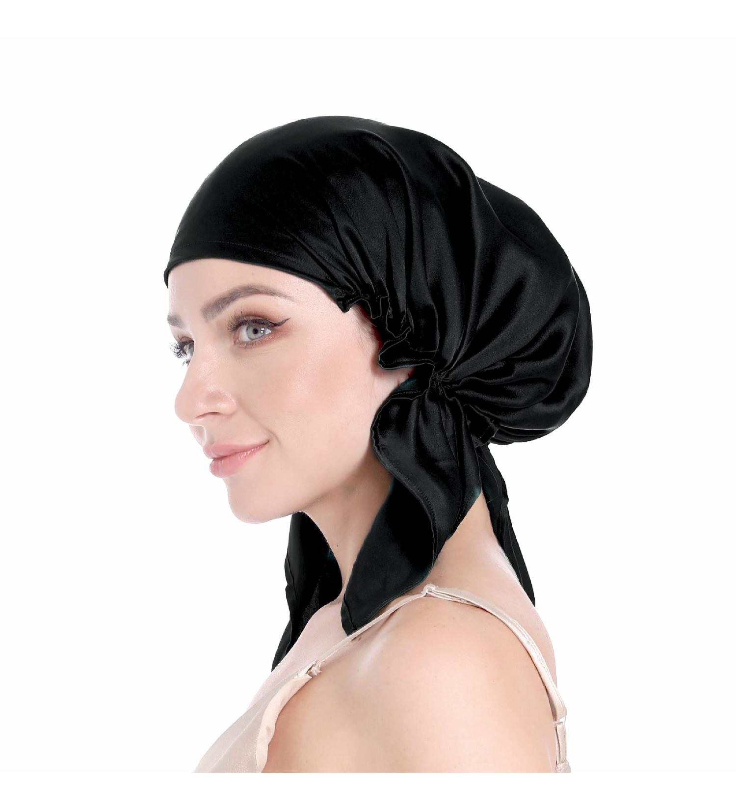 SissiLita 100% Silk Bonnet for Sleeping - Large Silk Hair Bonnet with Tie Band - Black Silk Sleep Cap for Curly Hair - Hair Wrap for Hair Care - Buy Online on GoSupps.com