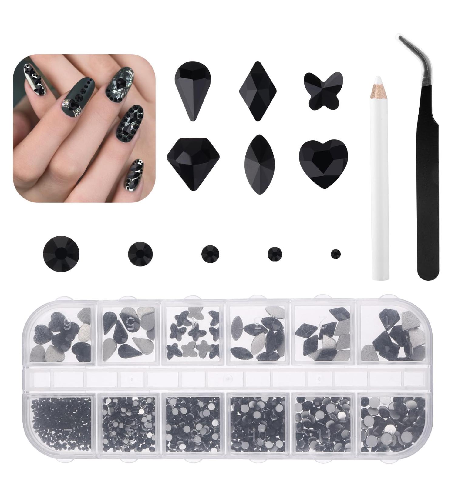 1300Pcs Black Nail Rhinestones Kit | Multi Shapes 3D Crystals Nail Charms | Shiny Black Flatback Beads Diamonds | Nail Art Decor Set with Pickup Pen & Tweezer - Buy Online on GoSupps.com