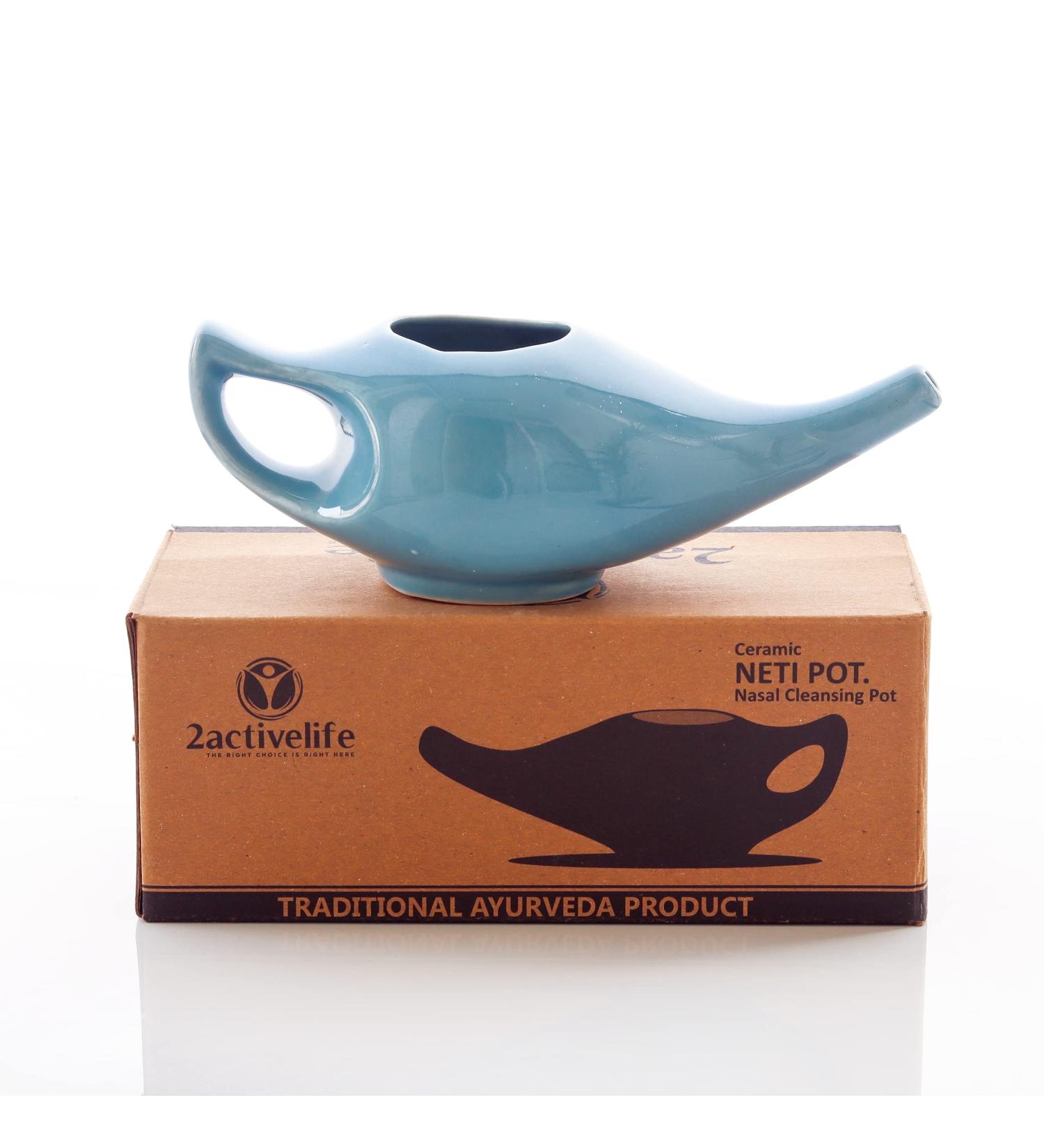 Ceramic Neti Pot Set - Premium Handcrafted Blue Sinus Rinse Kit with 5 Sachet Neti Salt - 225ml Capacity - Buy Online on GoSupps.com