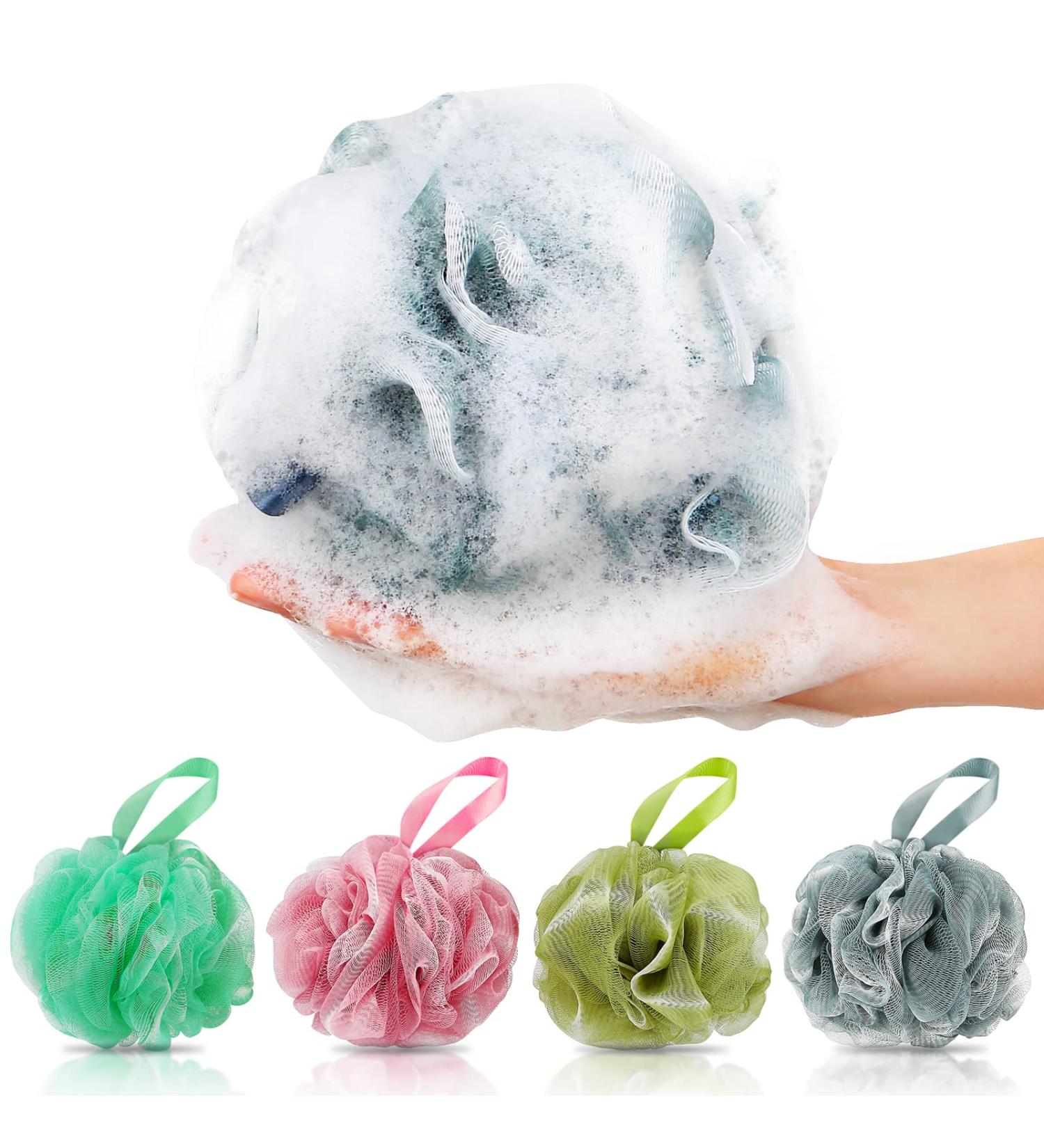 DadyMart Bath Shower Loofah Sponge Set of 4 - Exfoliating Mesh Pouf Body Scrubber for Men & Women - White, Grey, Pink, Army Green - Buy Online on GoSupps.com