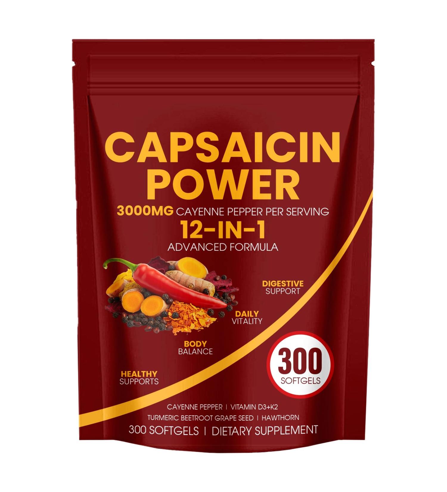 Capsaicin Power 12-in-1 Cayenne Pepper Softgels Supplement with Vitamin D3+K2 Cayenne Pepper Turmeric Grape Seed and Other Extract 300 Softgels (1) - Buy Online on GoSupps.com