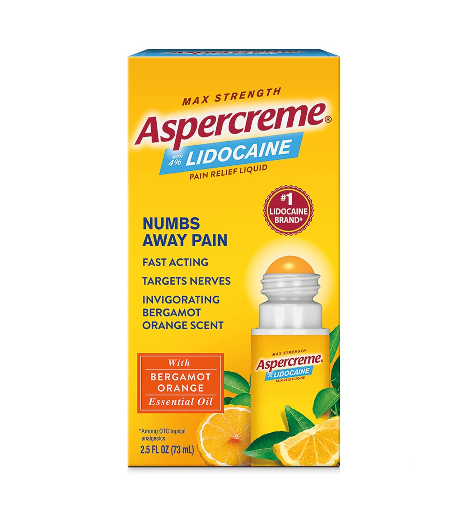 Aspercreme Essential Oils Lidocaine Pain Relief Roll-On 2.5 oz with Bergamot Orange - No Mess Applicator - Buy Online on GoSupps.com
