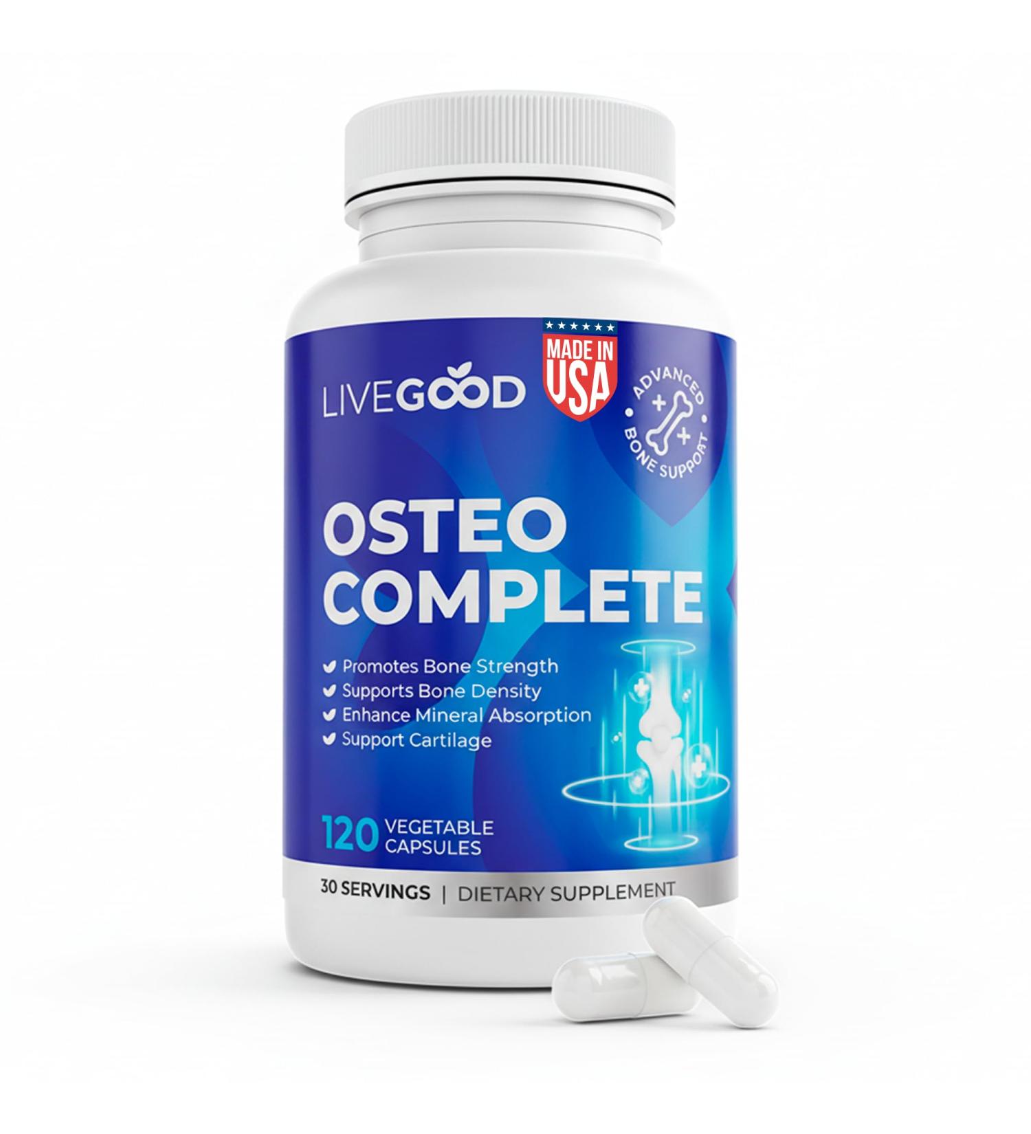 LiveGood Osteo Complete Bone and Joint Support with Highly Absorbable Calcium Glucosamine Eggshell Membrane Boron and Silica for Bone Density Flexibility and Mobility (90 Capsules) - Buy Online on GoSupps.com