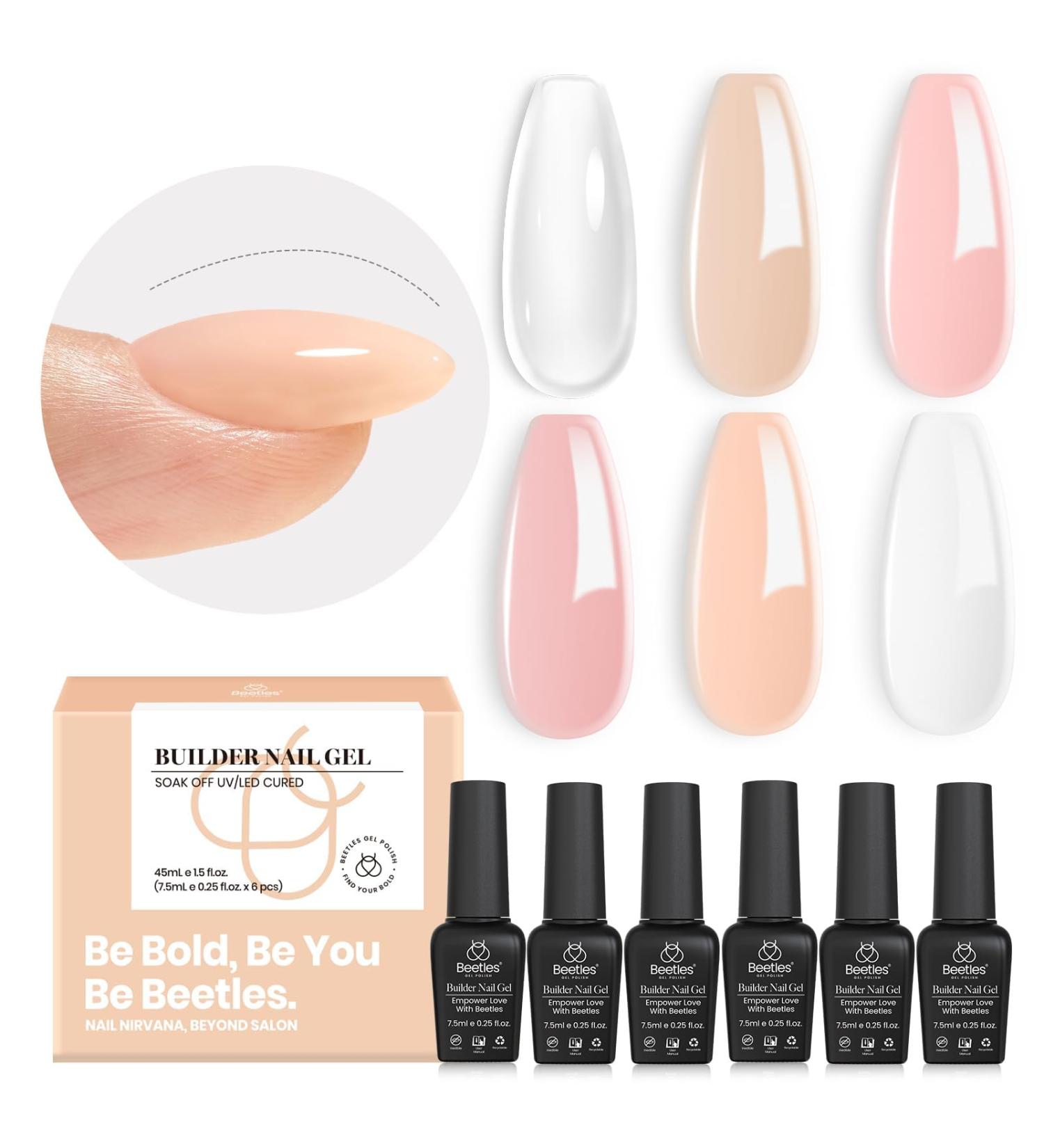Beetles Gel Nail Polish 6 Colors Builder Gel Set - 8 in 1 Strengthener, Clear & Nude Pink Milkly Hard Gel, Extension Base & Rhinestone False Nail Tips - Nail Art Design Kit for Pink Christmas - 4 Sheer Peach Shades - Buy Online on GoSupps.com