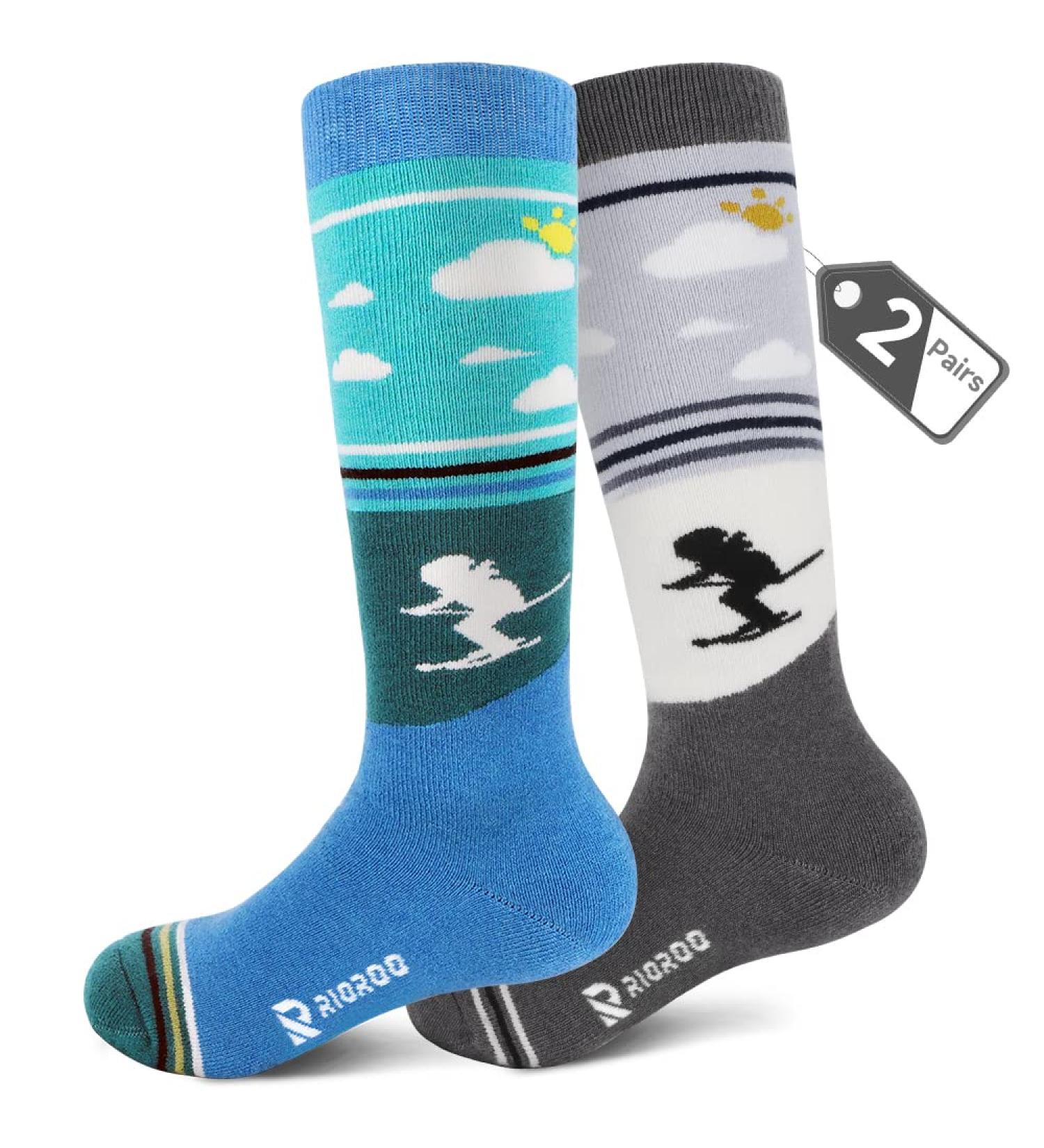 Rioroo Merino Wool Ski Socks for Kids | Unisex Thermal Winter Socks - Thick Reinforced Anti-Slip Calf Design in Green & Gray - Buy Online on GoSupps.com