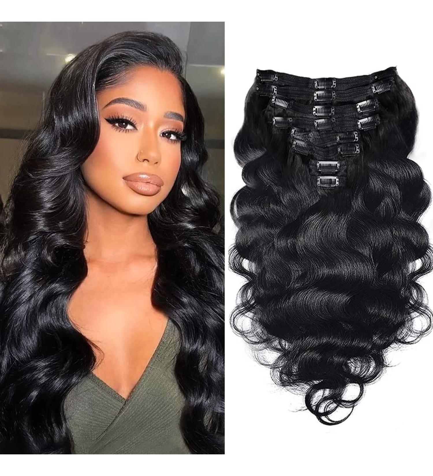 16 Natural Black Body Wave Clip In Hair Extensions for Black Women - 120g, 8Pcs, Double Weft, 18 Clips - Human Hair Extensions - Buy Online on GoSupps.com