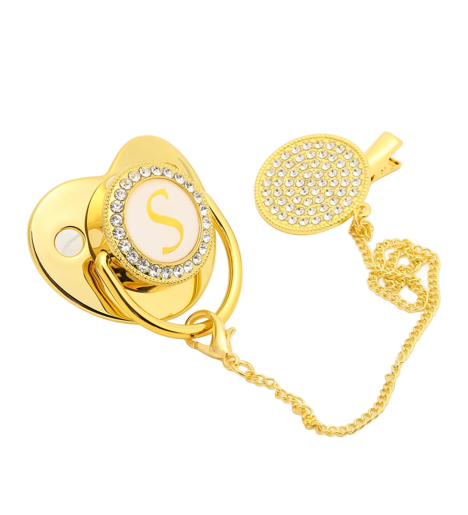 Buy SUNGOOYUE Golden Baby Pacifier 26 Letters Curved Silicone Bling Pacifier with Clips for 6-18 Months International Shipping Available - Buy Online on GoSupps.com