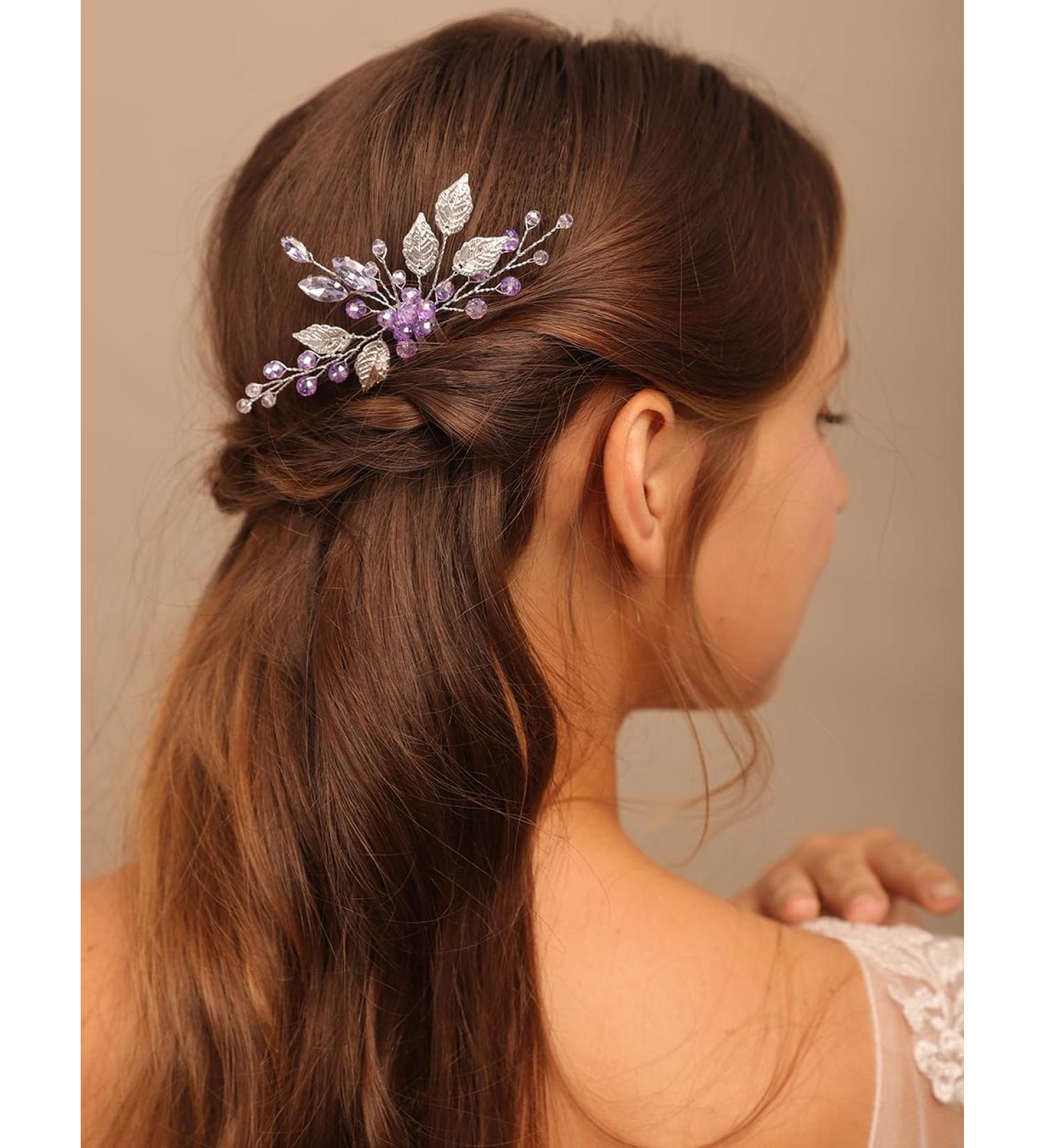 BERYUAN Women Girls Wedding Leaf Crystal Rhinestone Hair Comb Purple Rhinestone Beads Headband Women Girls Wedding Headpiece Silver Bridal Headband for Wedding Women and Girls (purple) - Buy Online on GoSupps.com