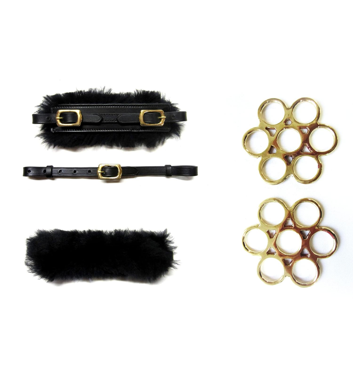 PS Horse Article Set - Bitless Bridle with Flower Brass Gold & Real Sheepskin Black Fittings | International Shipping - Buy Online on GoSupps.com