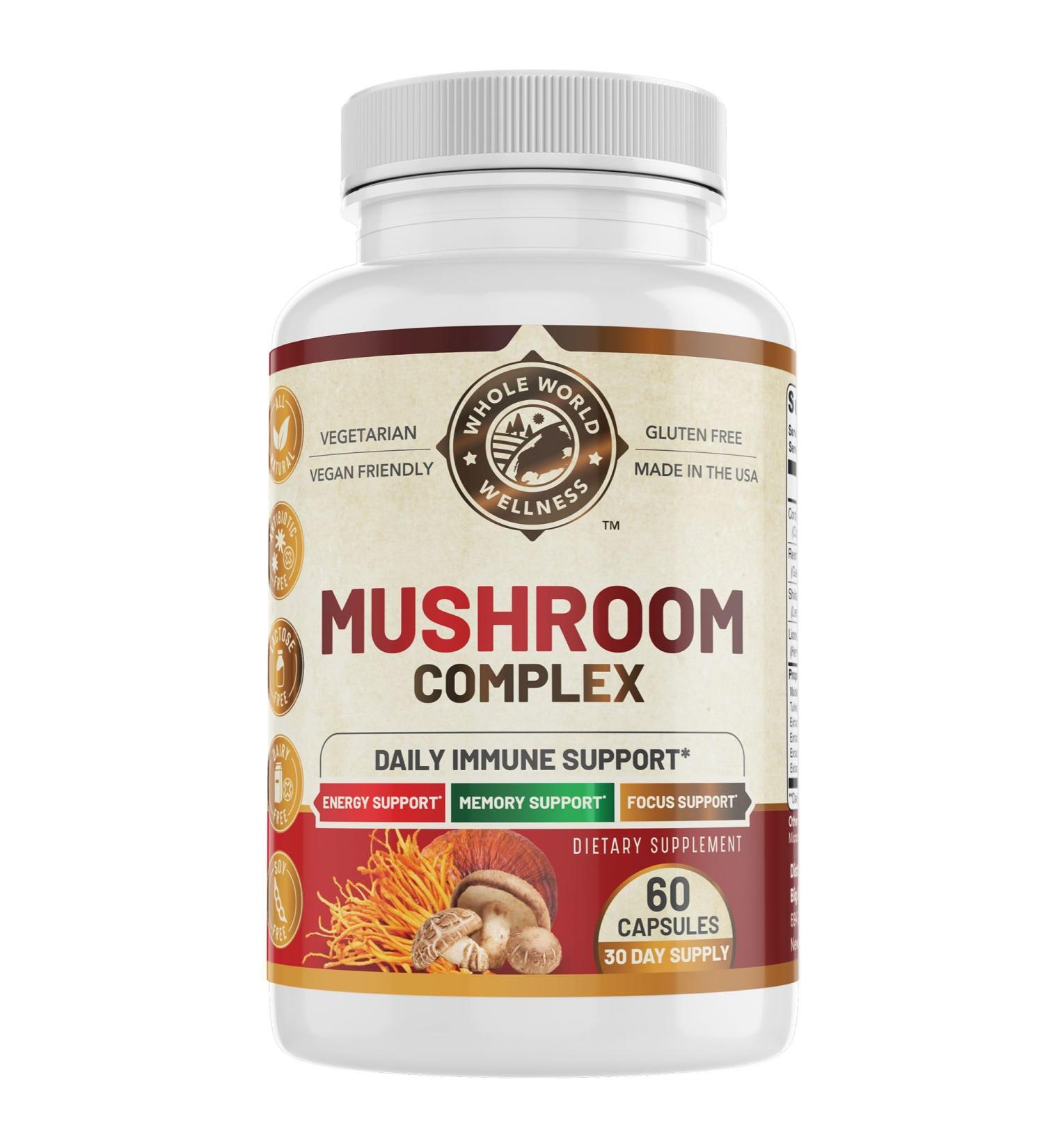 WHOLE WORLD WELLNESS All Natural Mushroom Complex 10 in 1 | Daily Immune & Energy Support | Lions Mane, Chaga, Resihi | Gluten Free, Dairy Free, Soy Free | 60 Capsules | Made in The USA. - Buy Online on GoSupps.com