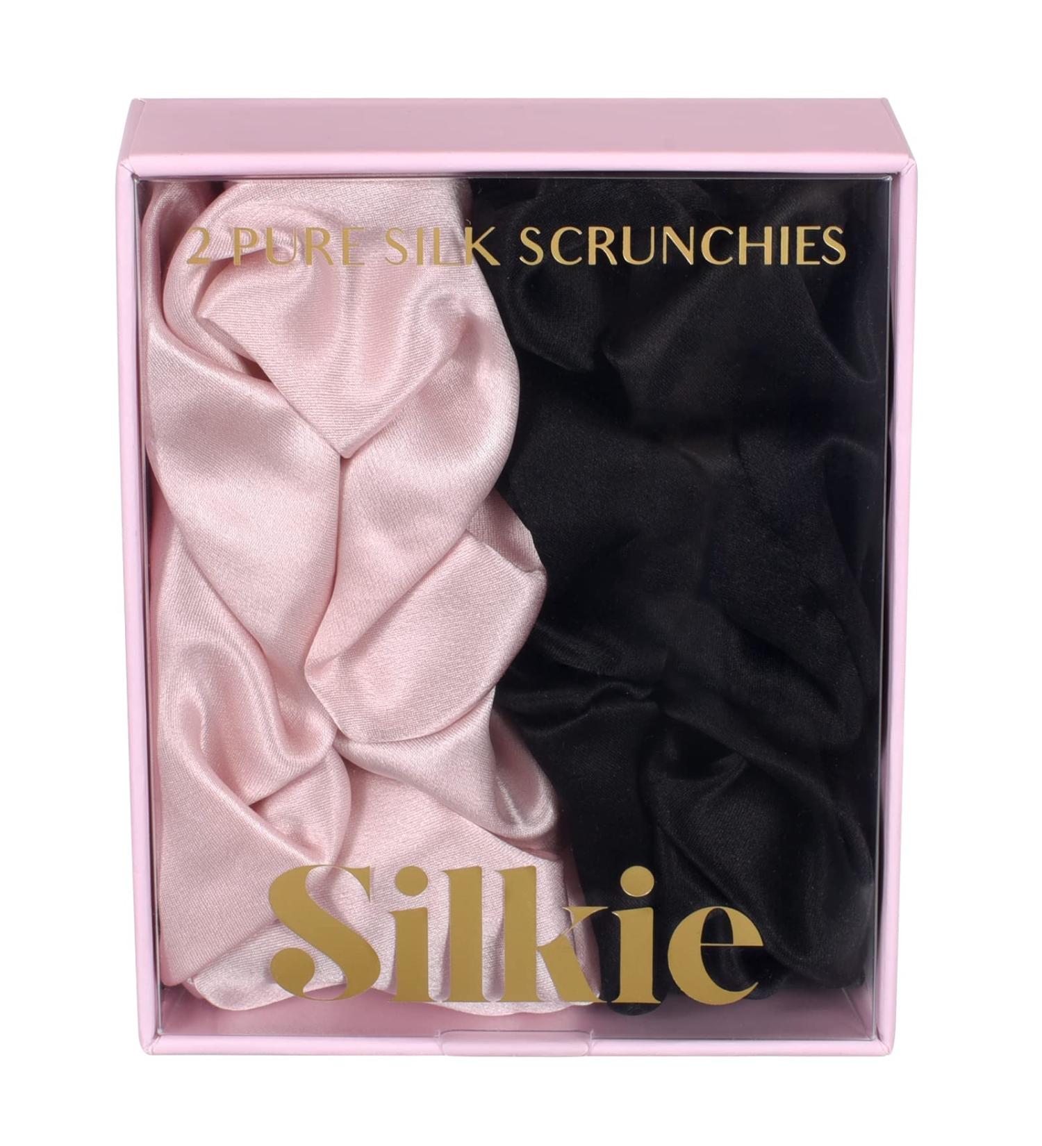SILKIE x2 Set 100% Pure Mulberry Silk Oversized Scrunchies with Travel Pouch - Cream Pink, Coffee, Black | Hair Care Ponytail Holder | No Damage Elastics - Buy Online on GoSupps.com