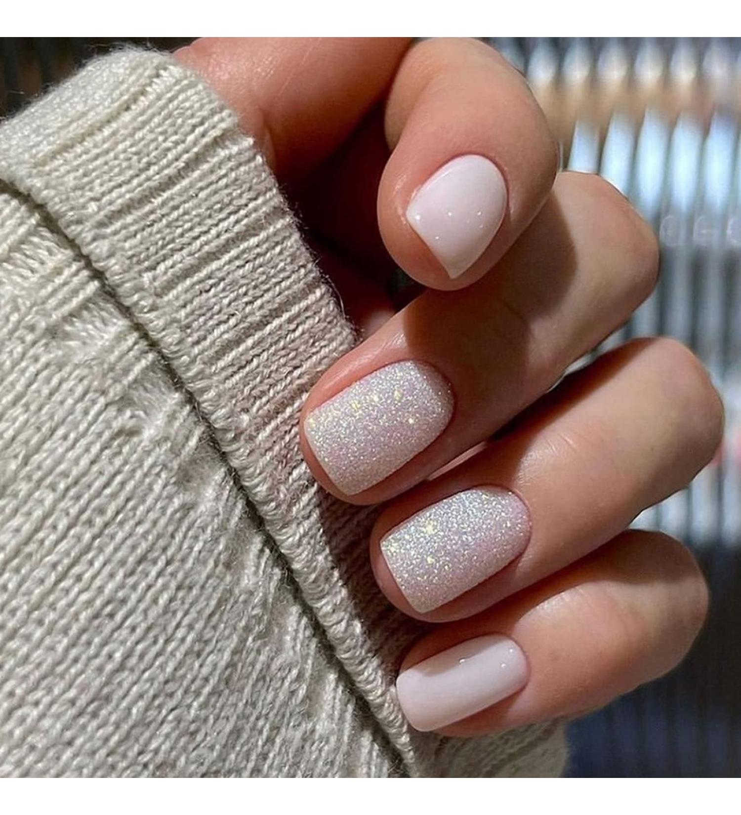 24Pcs Glitter Short Square Fake Press on Nails - Glossy Full Cover Stick on Nails - Buy Online on GoSupps.com