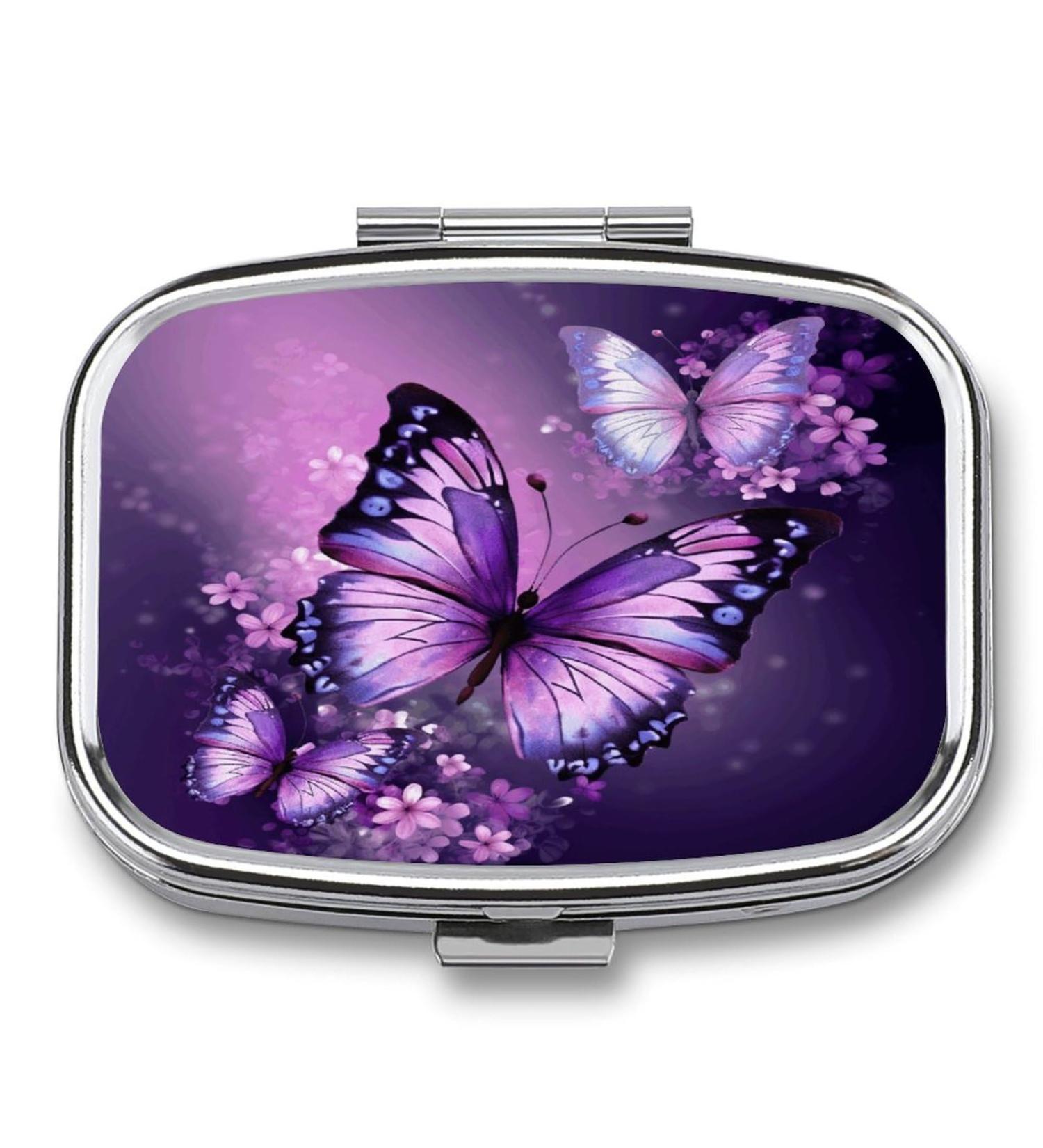 Beautiful Purple Butterfly Pill Box - 2 Compartment Metal Organizer for Medicine - Portable Decorative Case for Pocket or Purse - Buy Online on GoSupps.com