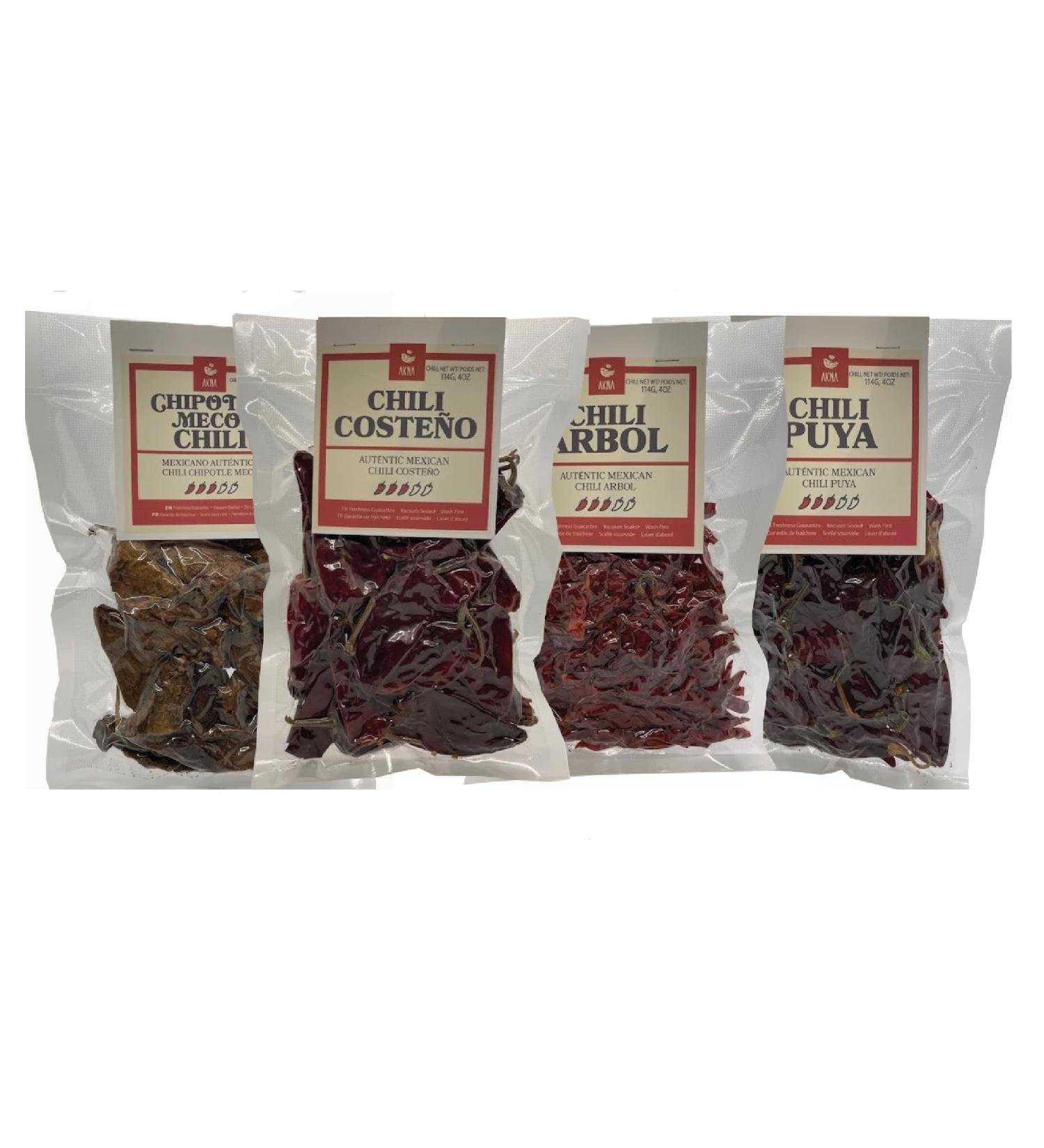 AKNA Mexican Chili Bundle Includes 4 Individual 114g Pouches of Whole Meco-Chipotle Coste o Arbol and Puya Chilis. - Buy Online on GoSupps.com