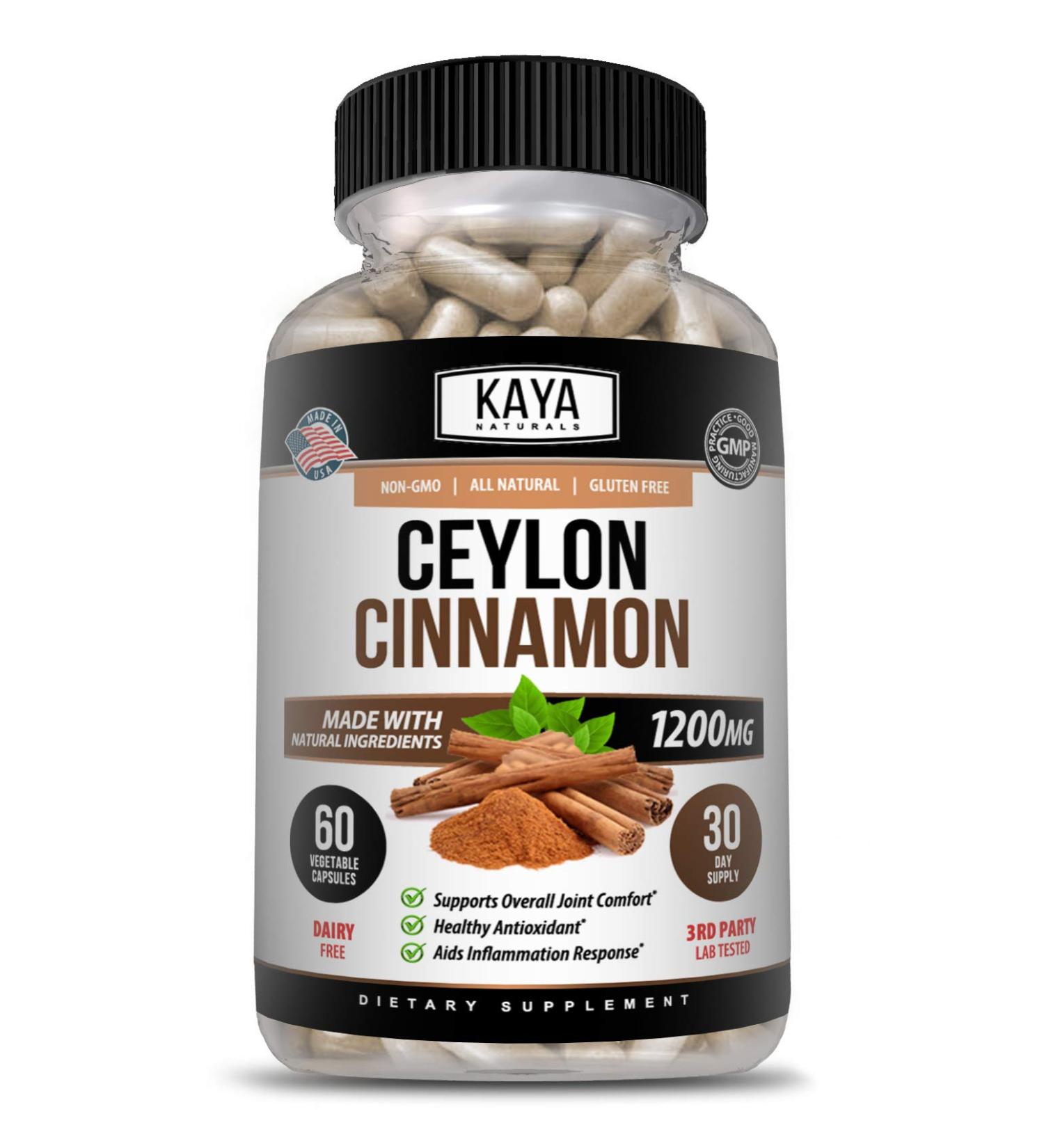 Kaya Naturals Organic Ceylon Cinnamon Supplement - 1200mg per Serving, 60 Capsules - Anti-inflammatory & Antioxidant Joint Support - Buy Online on GoSupps.com