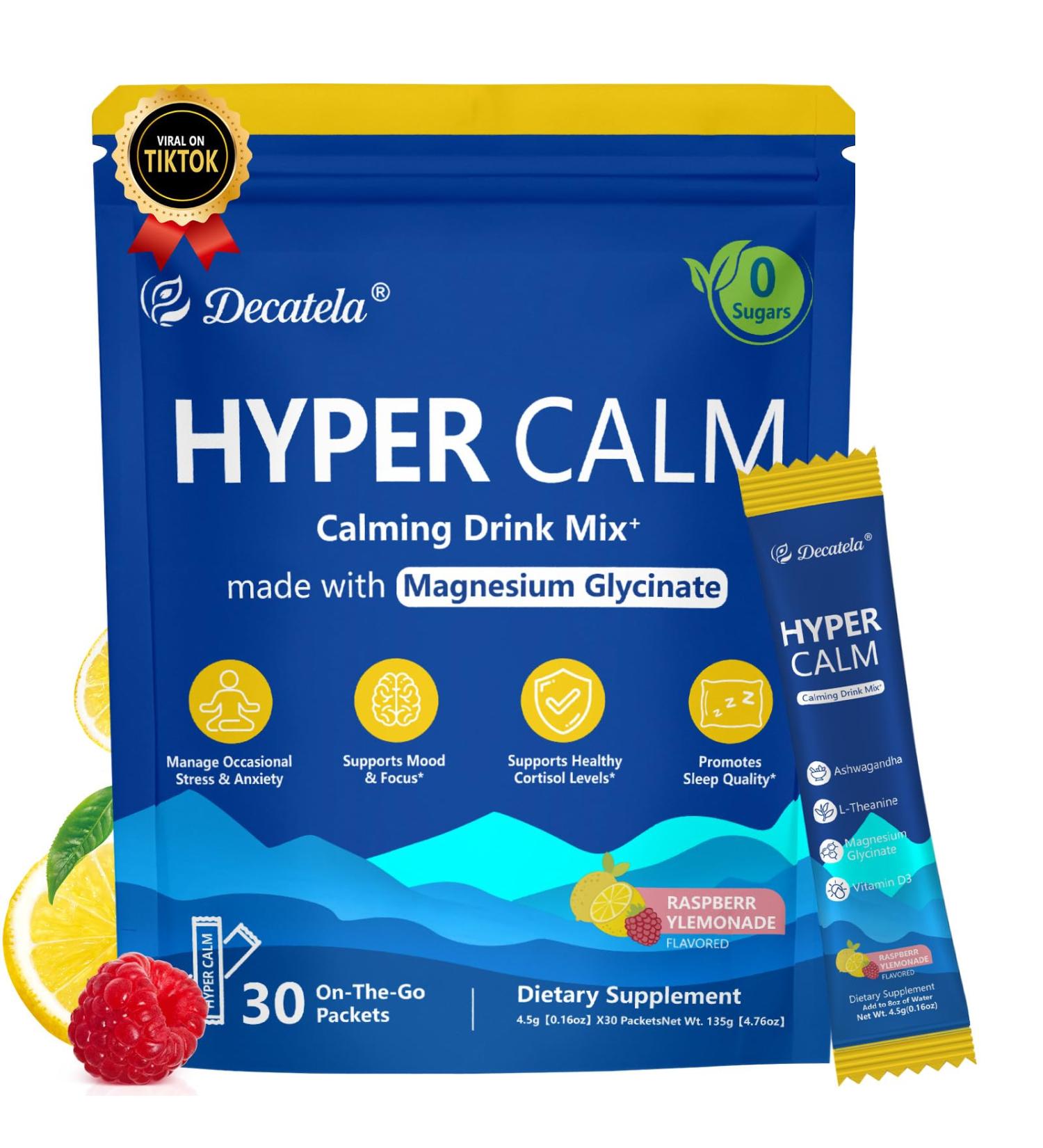 HyperCalm Super Cortisol Drink w. Magnesium Glycinate Powder L-theanine Ashwagandha Vitamin D3 30 Share Raspberry Lemonade Electrolytes Powder No Sugar Helps with Sleep and relieves Stress 4.76 Ounce (Pack of 1) - Buy Online on GoSupps.com