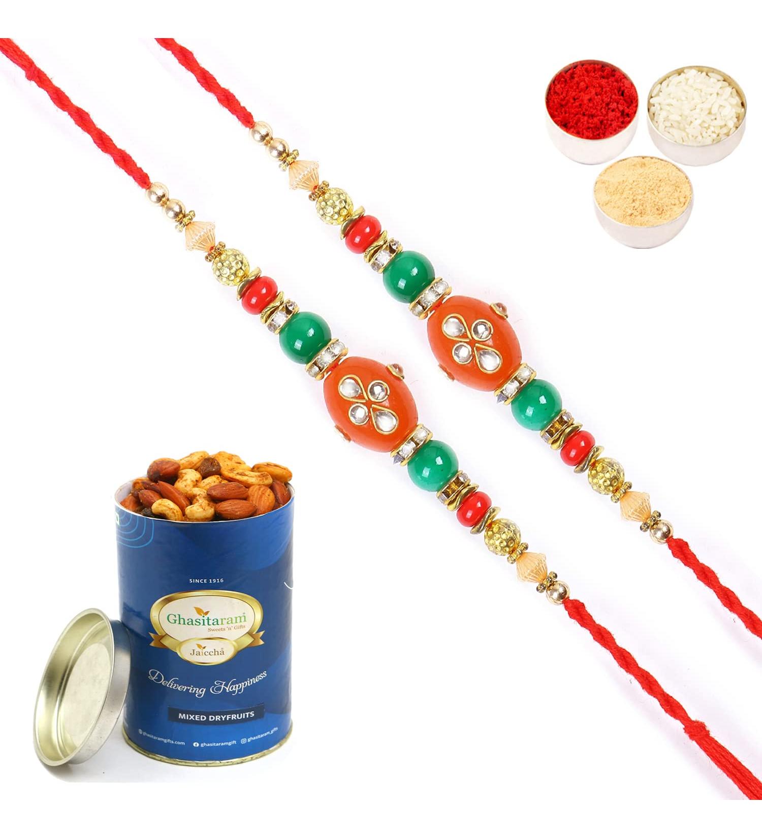 Ghasitaram Gifts Rakhi for Brother Rakhis Online - Set of 2-2K-277 Fancy Thread Rakhis with 100 GMS of Dryfruits Mix Can 2 Rakhi with 100 gms of Dryfruits Mix Can - Buy Online on GoSupps.com