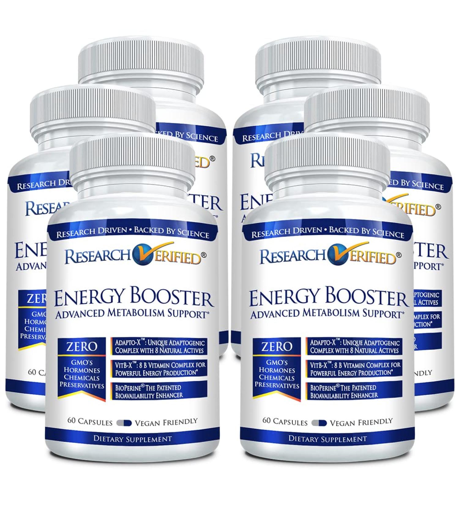 Research Verified Energy Booster - Natural Energy Support - 360 Capsules - Caffeine Free - B Vitamins and Adaptogens - 6 Month Supply
