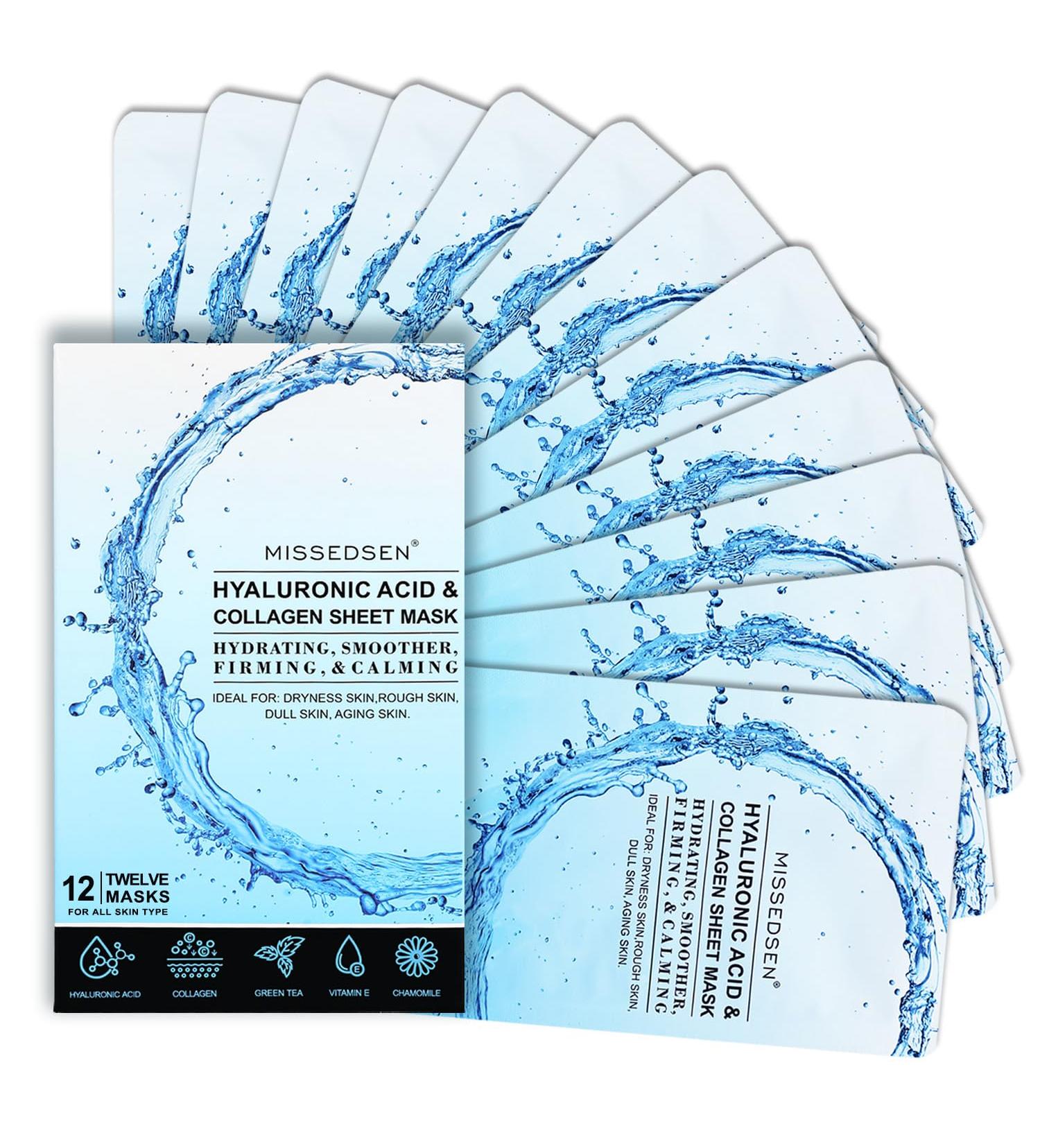 Buy Pack of 12 All-in-One Hyaluronic Acid Collagen Sheet Masks - Moisturizing Firming Anti-Aging Face Treatment for All Skin Types - Urban Beauty Secret - Buy Online on GoSupps.com