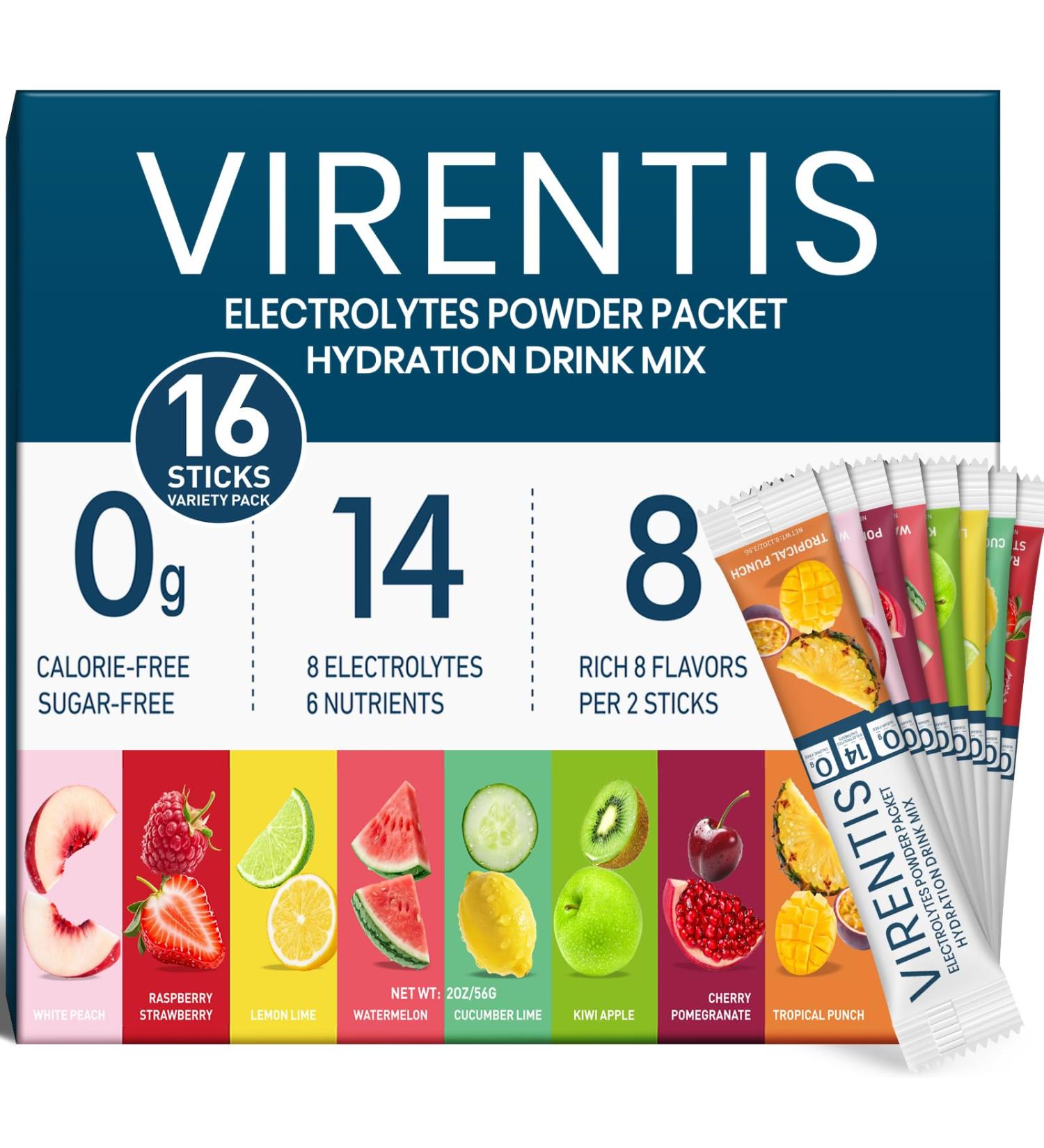 16 Sticks Electrolytes Powder Packets Sugar Free Hydration Packets, 8 Flavors Liquid Daily IV Electrolyte Drink Mix for Rehydration with 8 Electrolytes & 6 Vitamins, 0 Calorie, Low Sodium Variety Pack 0.13 Ounce (Pack of 16) - Buy Online on GoSupps.com