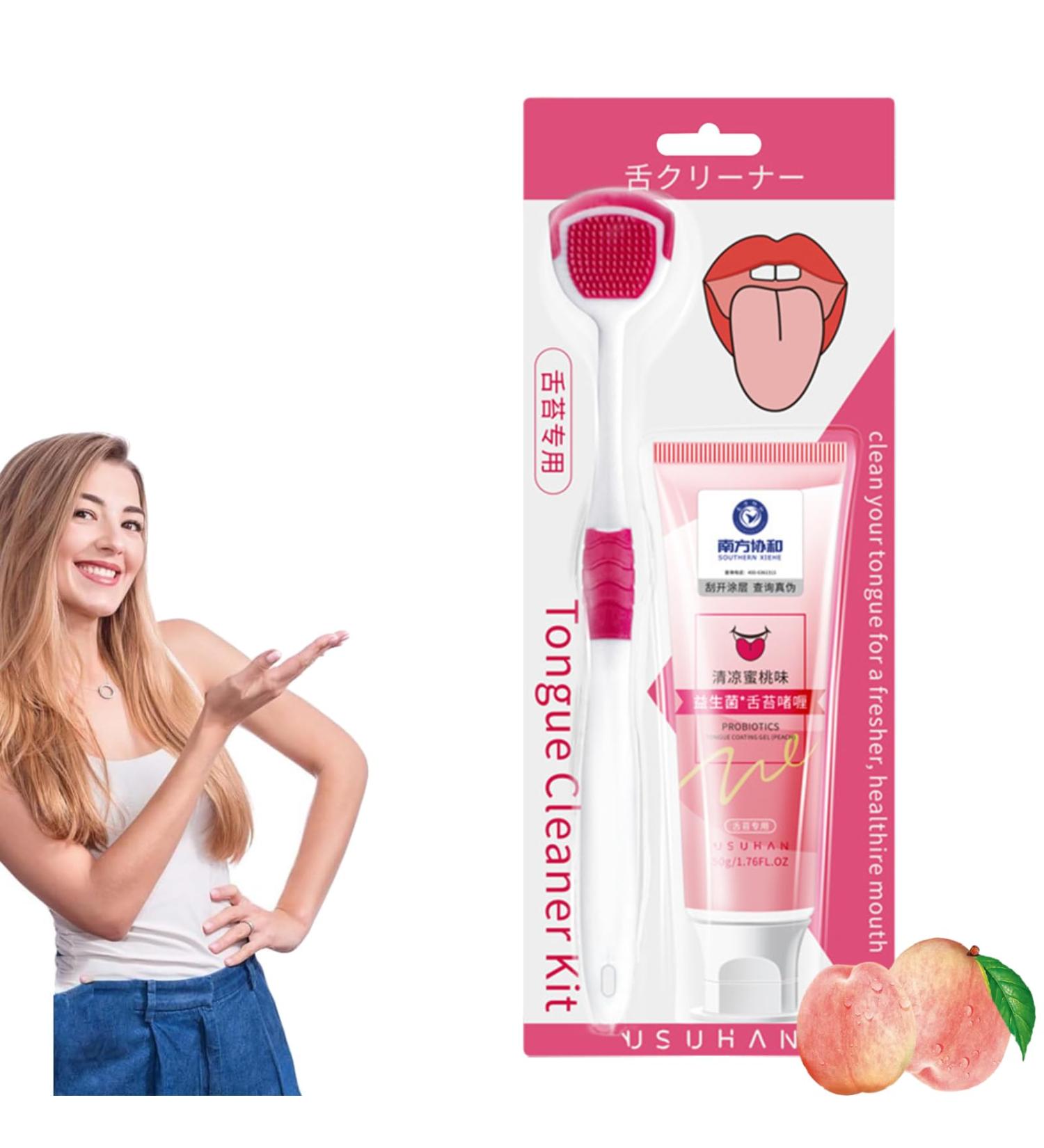 Probiotic Tongue Cleaner Set - Tongue Scraper & Oral Care Gel for Fresh Breath | 50G Peach Flavor - Buy Online on GoSupps.com