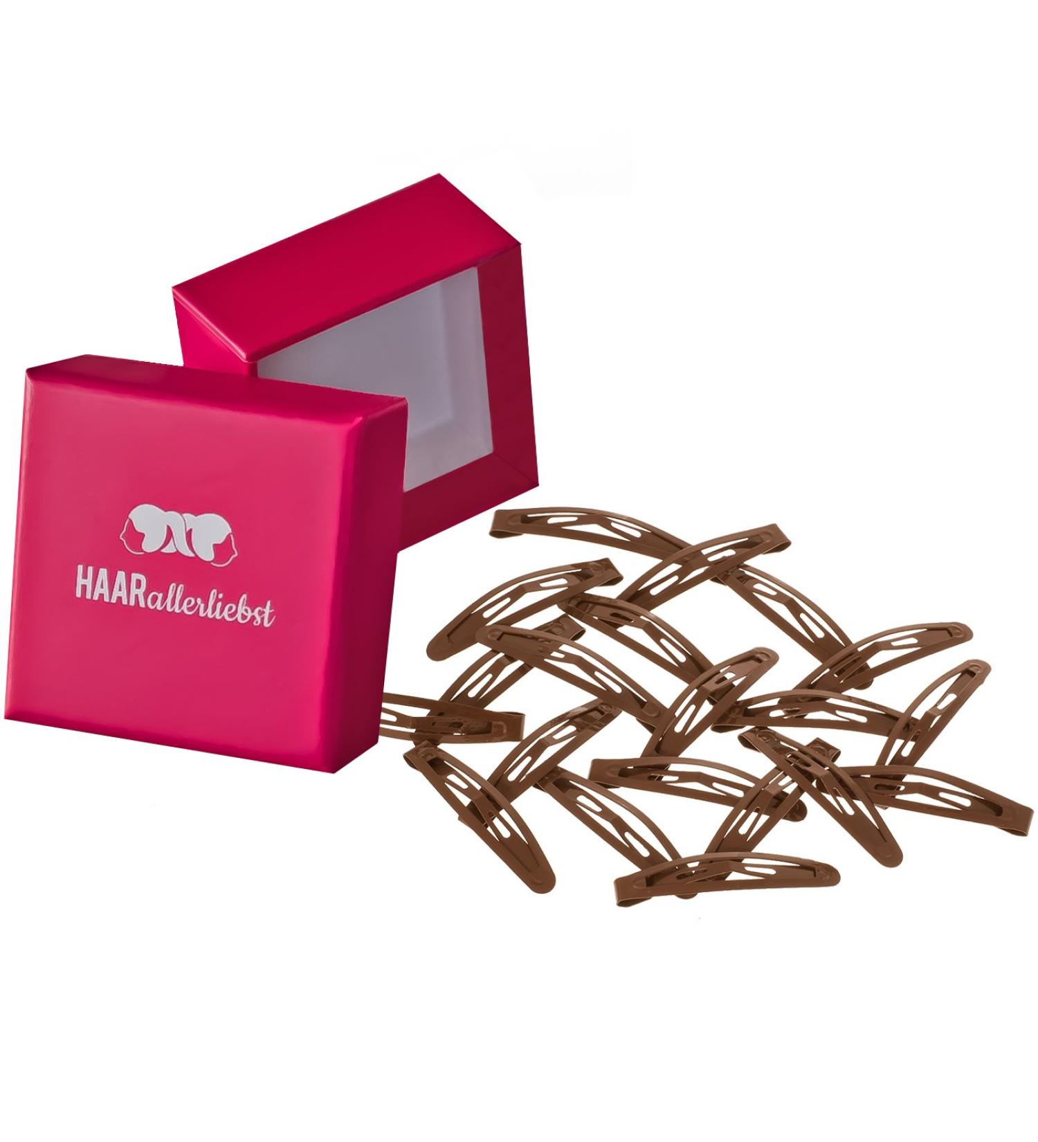 HAARallerliebst hair clips small (20 pieces | brown | 4.3cm) including box for storage (box color: pink)