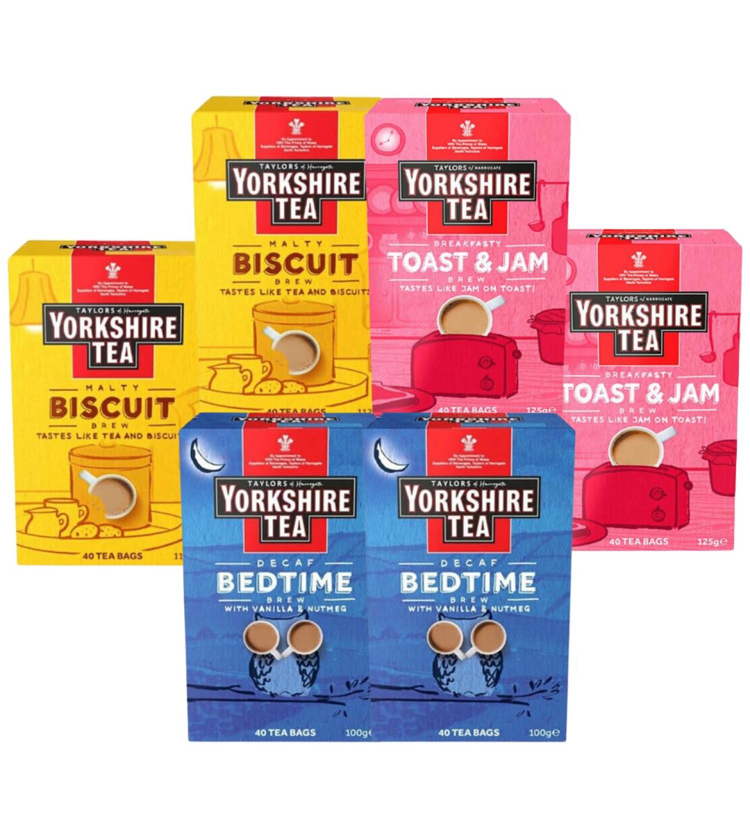 Tea Variety Bundle Containing Yorkshire Tea Malty Biscuit 125g Toast & Jam 125g Decaf Bedtime 100g 40 tea bags each (6 Pack) - Buy Online on GoSupps.com