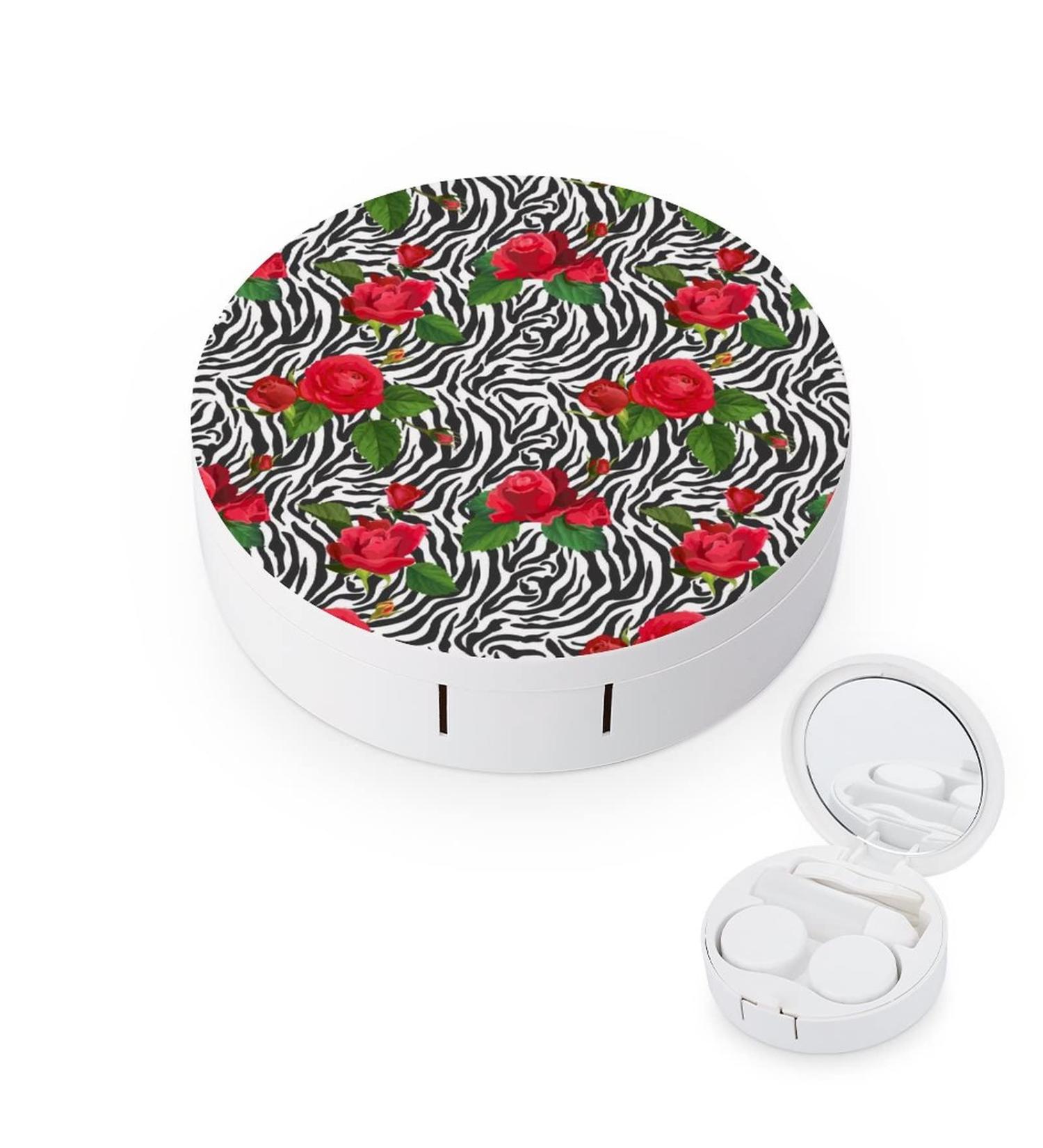 Flowers And Zebra Skin Round Case For Contact Lens Kit Storage Box with Mirror Printed - Buy Online on GoSupps.com