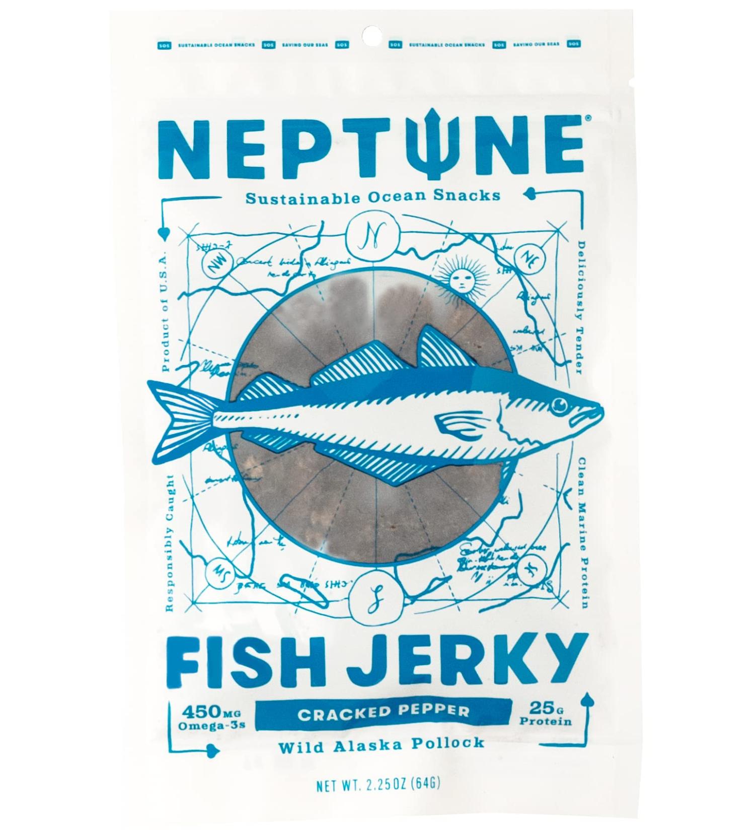 Neptune Wild Alaska Pollock Fish Jerky - Cracked Pepper 2.2oz | Organic, Gluten-Free, Paleo | 25g Protein, 450mg Omega 3s | Sustainably Sourced from US Fisheries - Buy Online on GoSupps.com