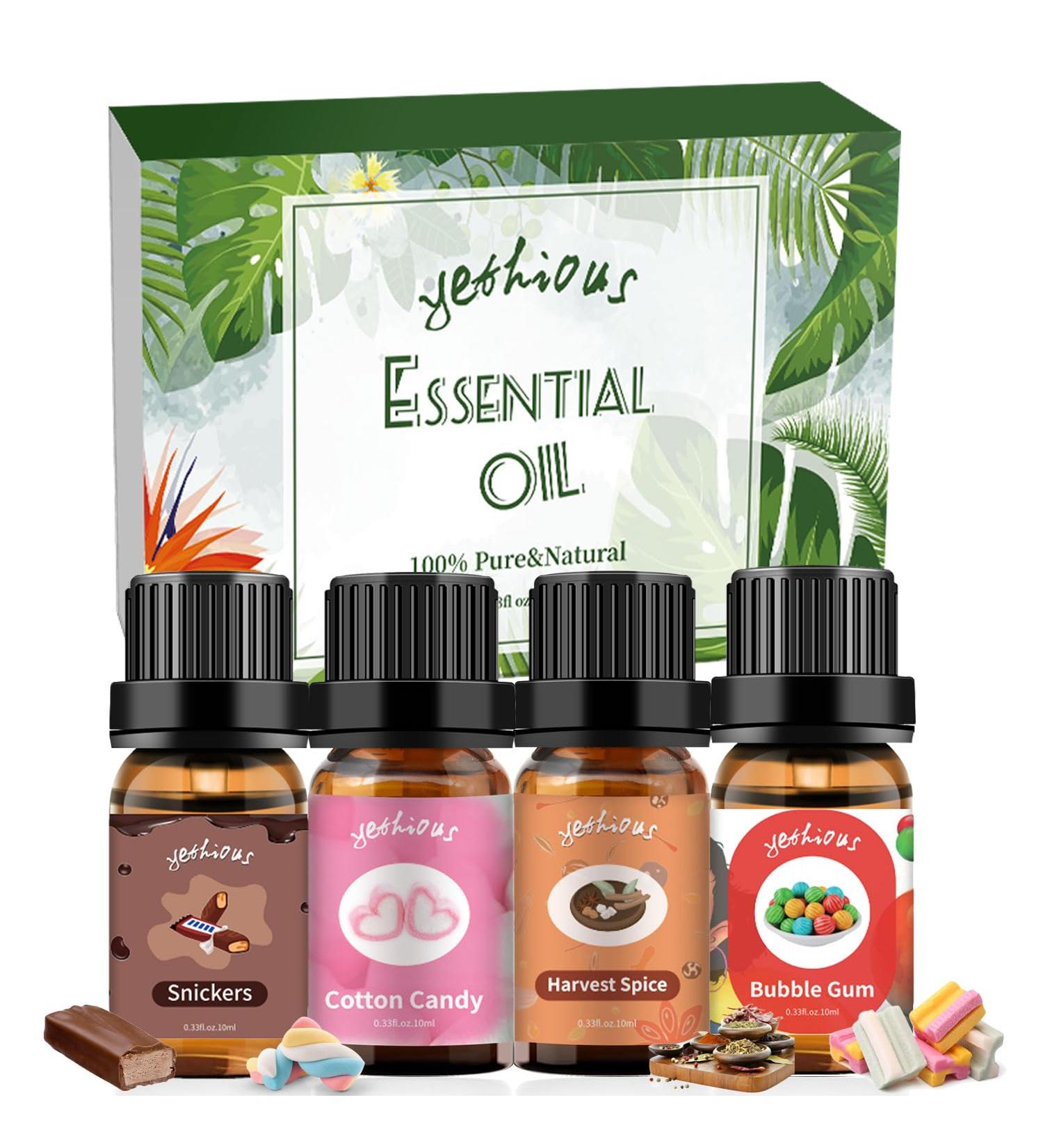 yethious Cotton Candy Fragrance Oil - Harvest Spice Scented Oils for Diffusers Soap Candle Bath Bombs Making Perfume - 10ML * 4PCS Cotton Candy Bubble Gum Snickers and Harvest Spice Set Fragrance Oil Set 11 10 ml (Pack of 4)
