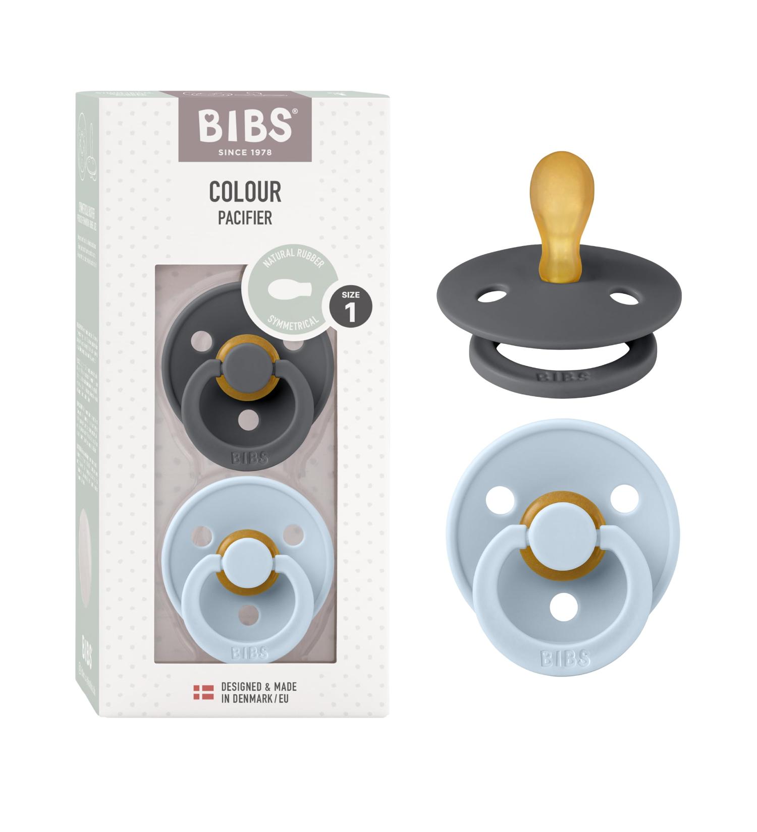 BIBS Colour Symmetrical Dummy 2-Pack | BPA-Free Natural Rubber Pacifier | Made in Denmark | Ages 0-6 Months | Iron & Baby Blue - Buy Online on GoSupps.com