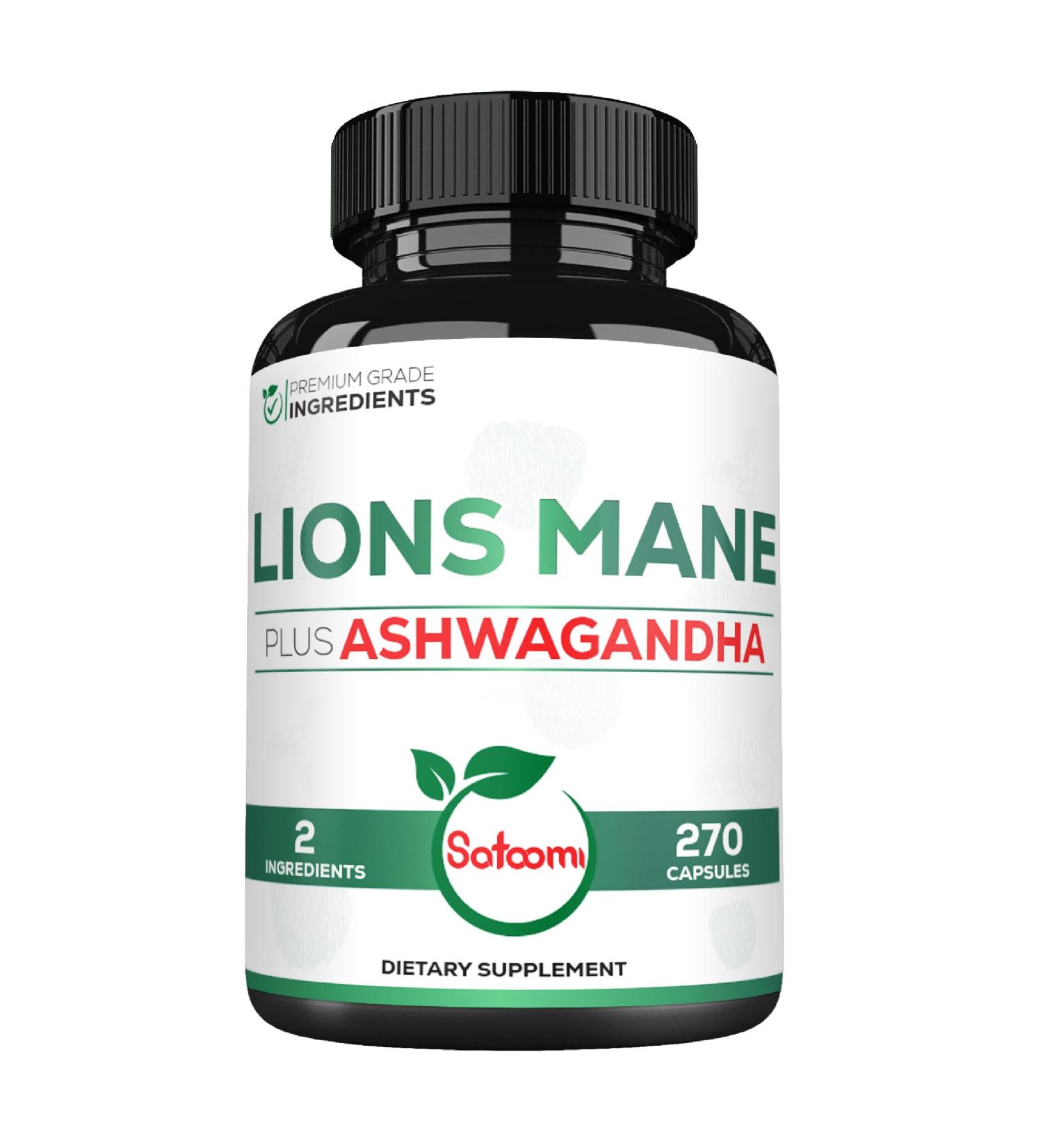 Satoomi Lions Mane Supplement Capsules with Ashwagandha Supplement - 270 Capsules - High Concentrated for Restful Mind, Brain Health, Immune System & Focus Support - Gluten-Free, Non-GMO - Buy Online on GoSupps.com