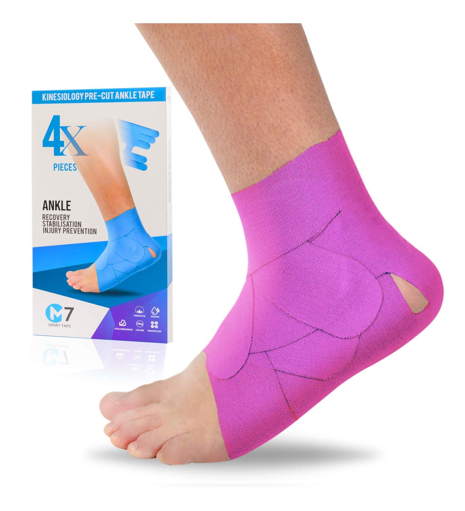 M7 Sport Kinesiology Ankle Tape - Ankle Sprain Relief, Compression Support, Plantar Fasciitis Waterproof - Pink 4-Pack - Buy Online on GoSupps.com
