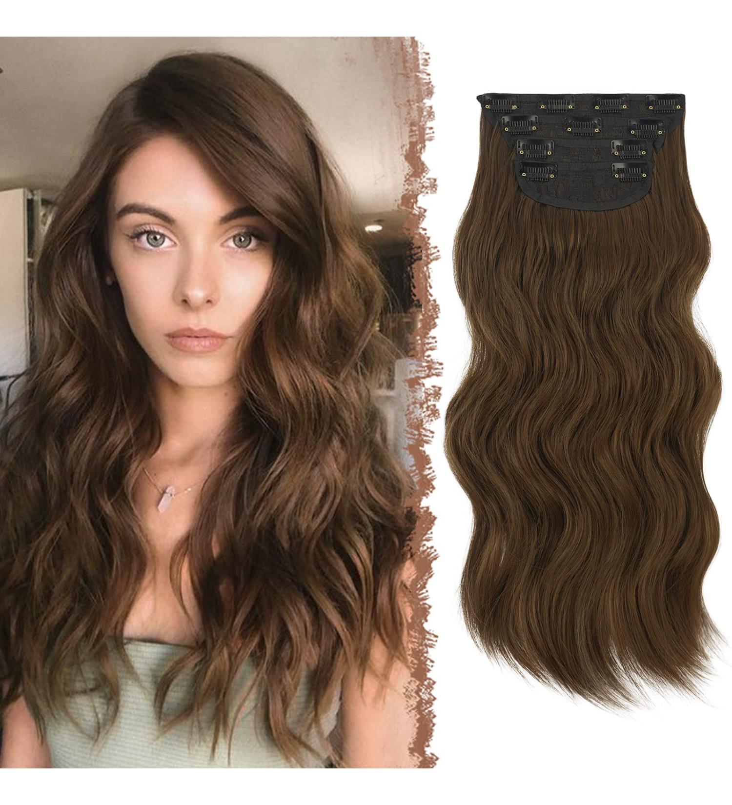 Feshfen Clip-In Hair Extensions - 4PCs 50cm Chestnut Brown Wavy Synthetic Hair - 180g Full Volume for Women - Buy Online on GoSupps.com