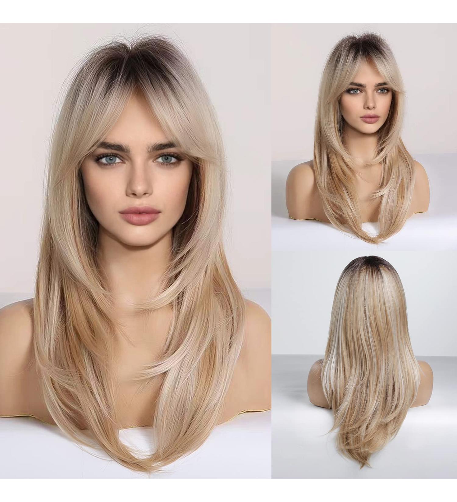 HAIRCUBE Blonde Ombre Long Curly Wig with Bangs - Heat Resistant Synthetic Shoulder Length Wig for Women - Buy Online on GoSupps.com
